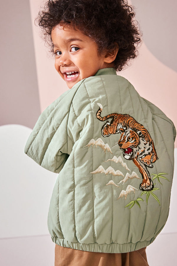 Sage Green Quilt Embroidered Bomber Jacket (3mths-7yrs)