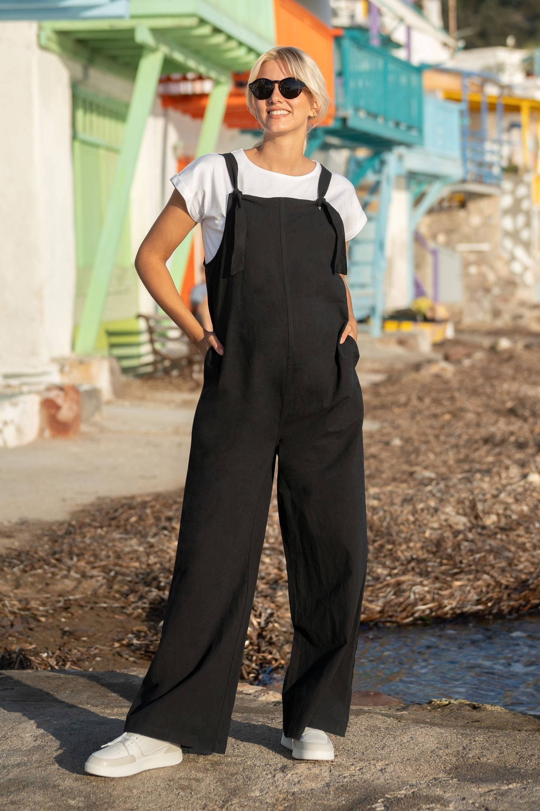 Black JoJo Maman Bébé Wide Leg Maternity Linen Dungarees