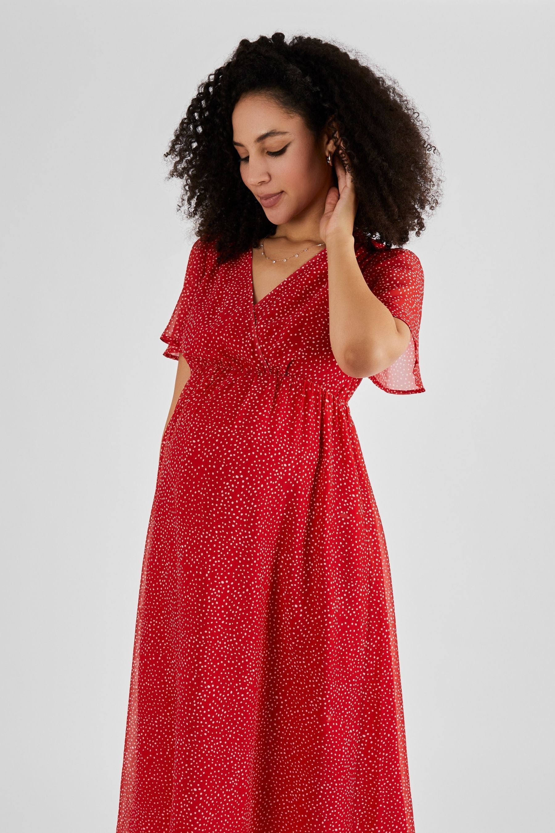 Red JoJo Maman Bébé Spot Maternity Wrap Midi Dress