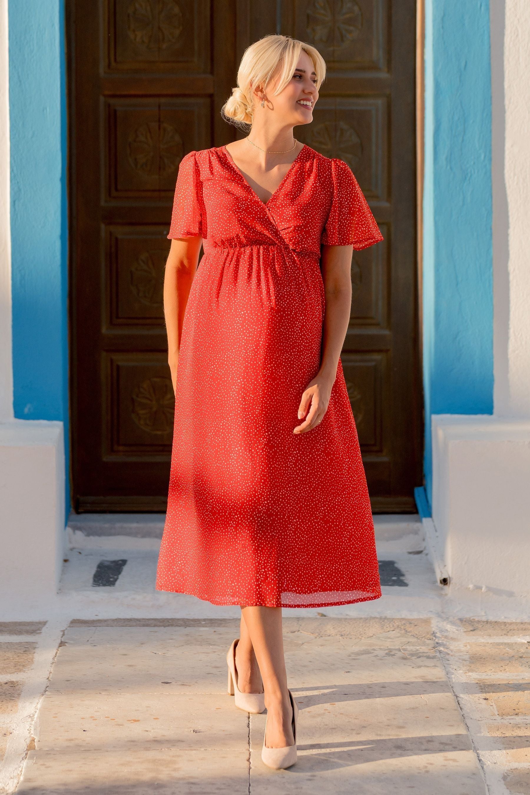 JoJo Maman Bébé Red Spot Maternity Wrap Midi Dress