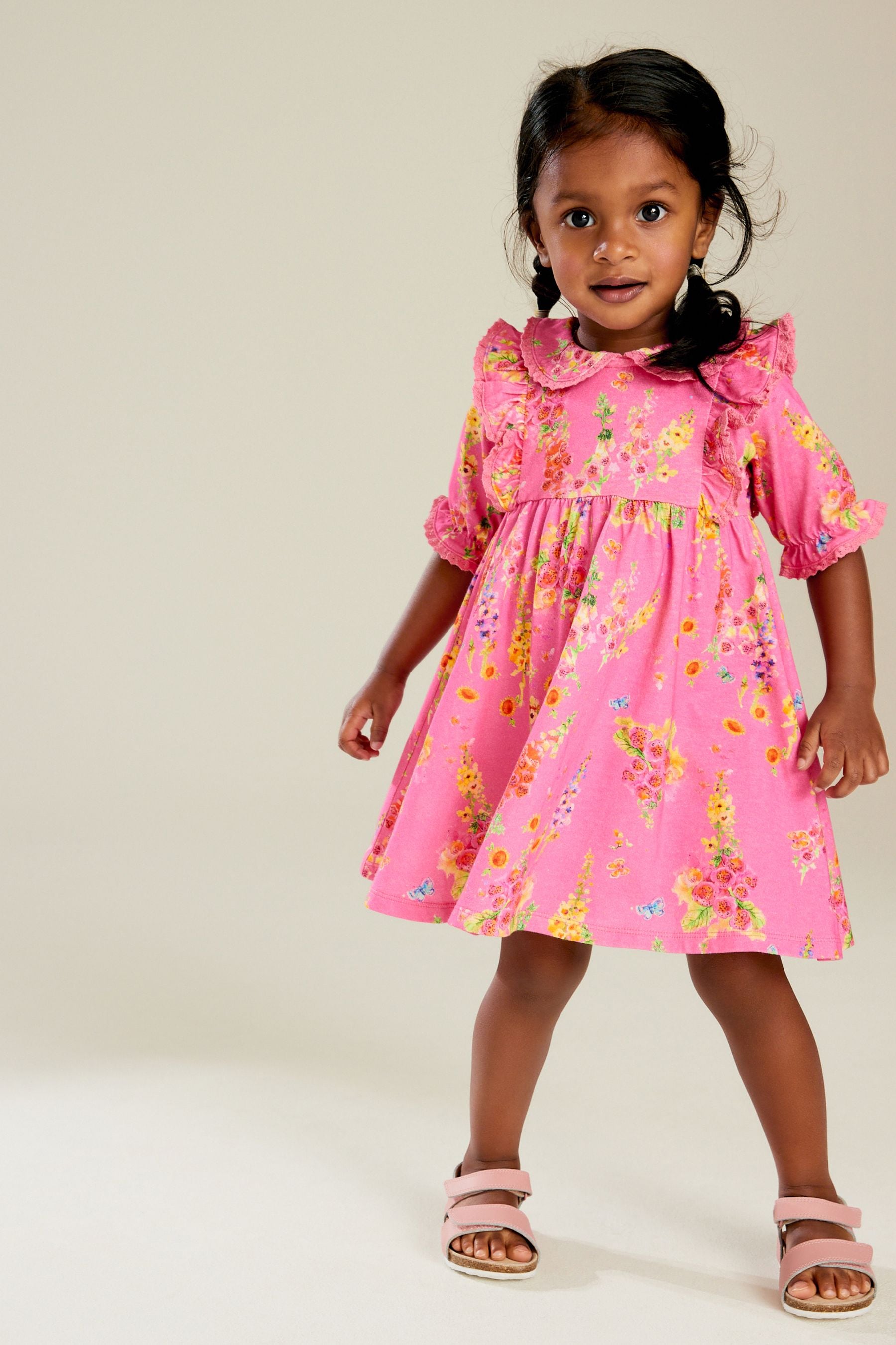 Bright Pink Short Sleeve Collar Dress (3mths-7yrs)