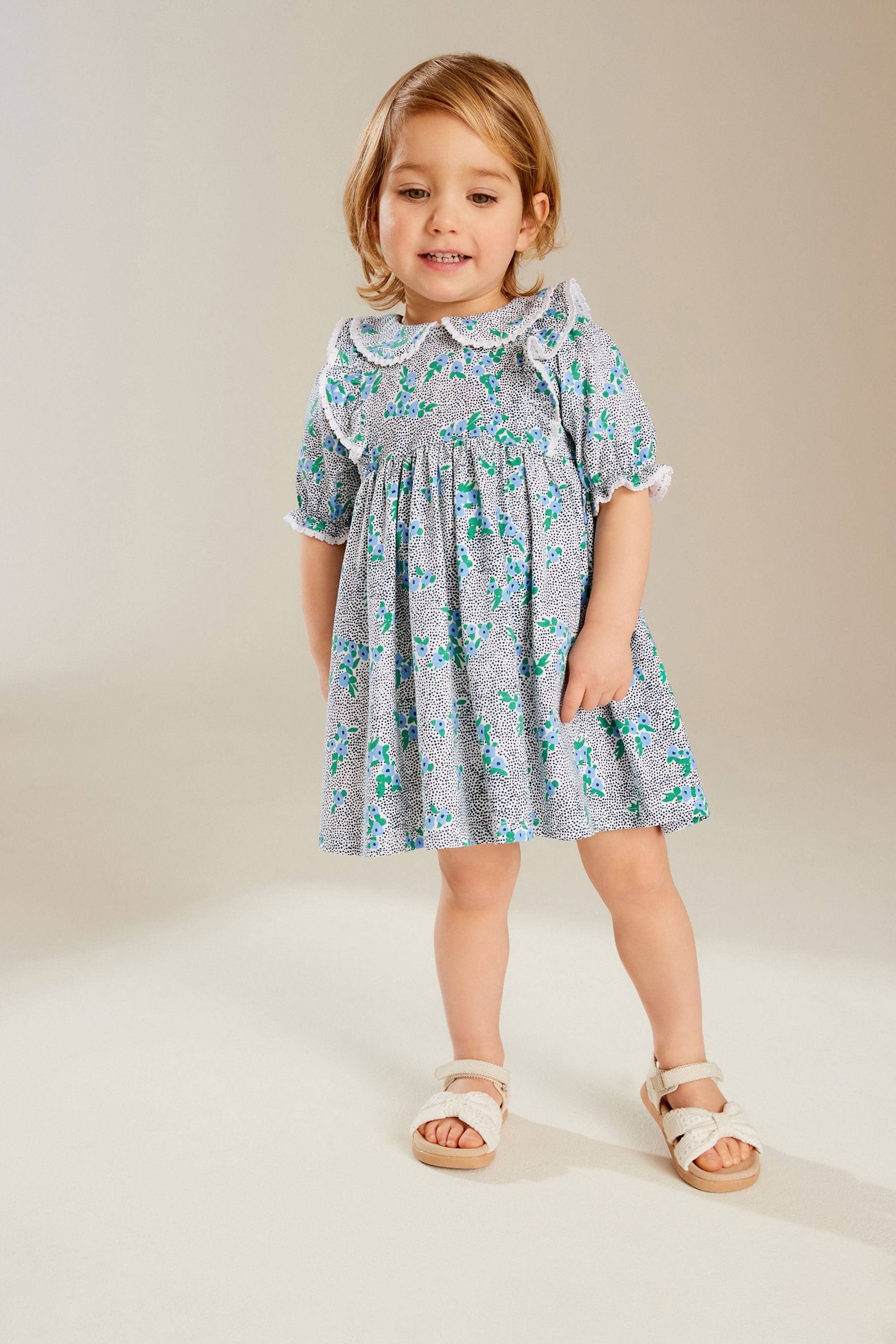 Blue 100% Cotton Short Sleeve Collar Dress (3mths-7yrs)