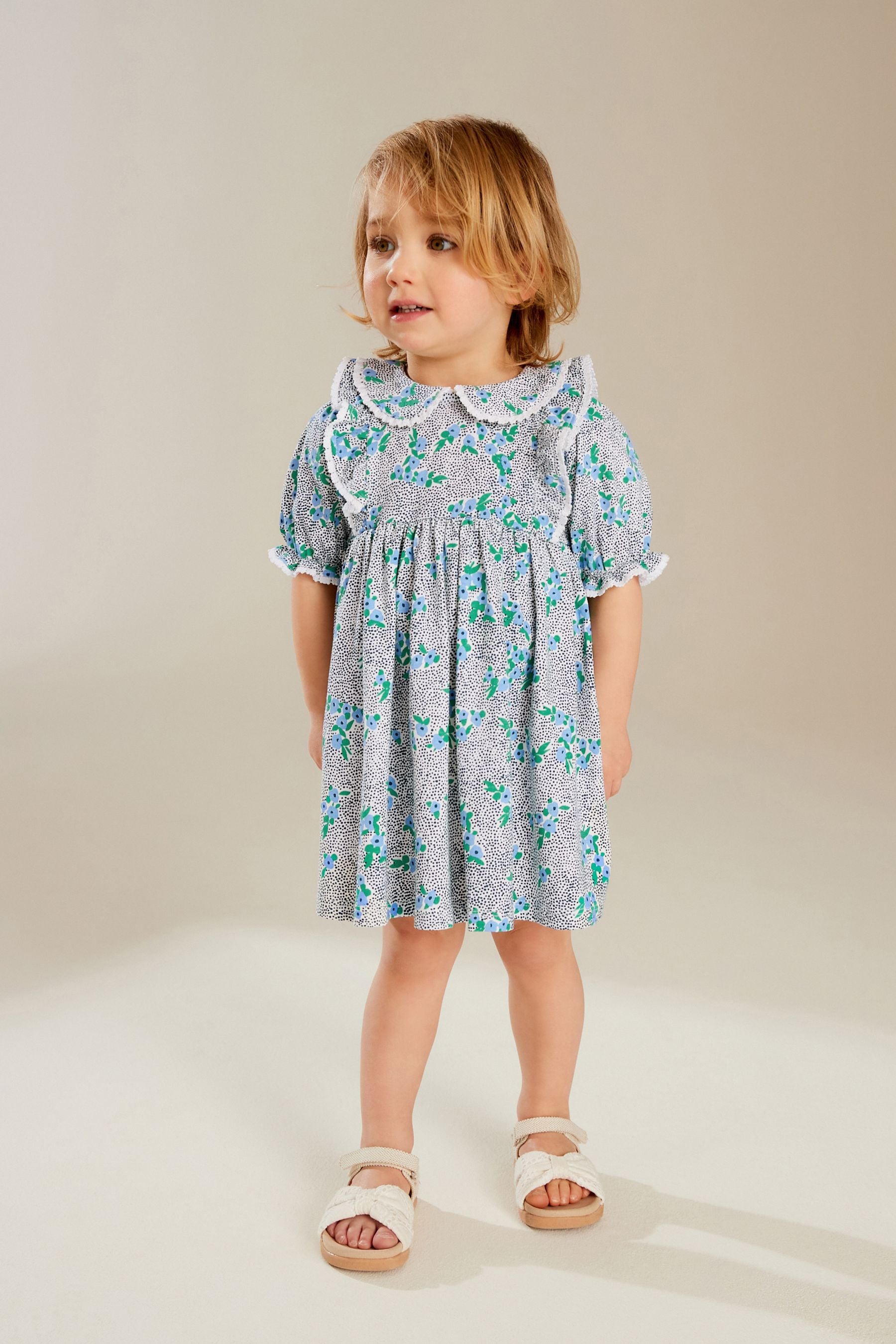 Blue 100% Cotton Short Sleeve Collar Dress (3mths-7yrs)