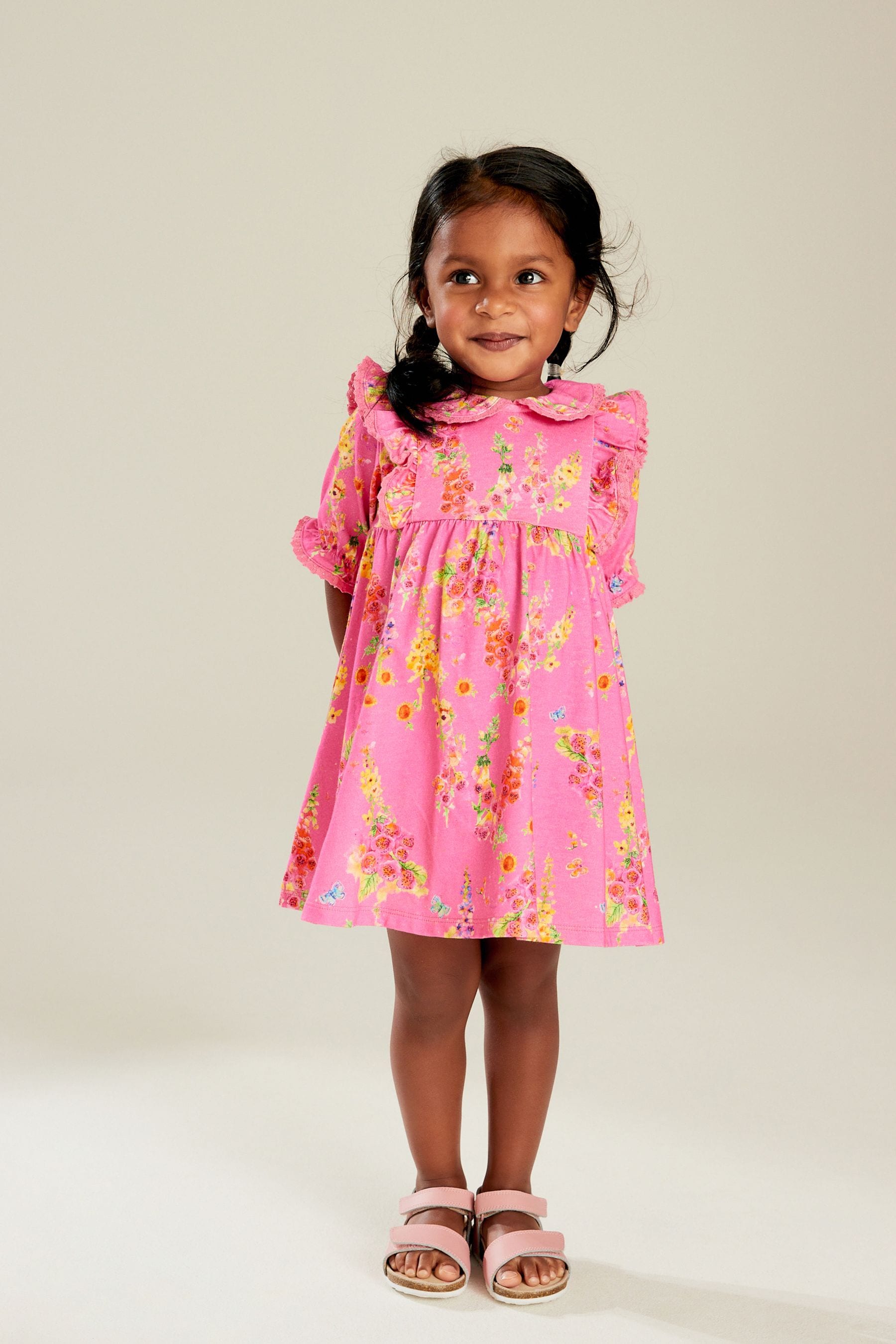 Bright Pink Short Sleeve Collar Dress (3mths-7yrs)