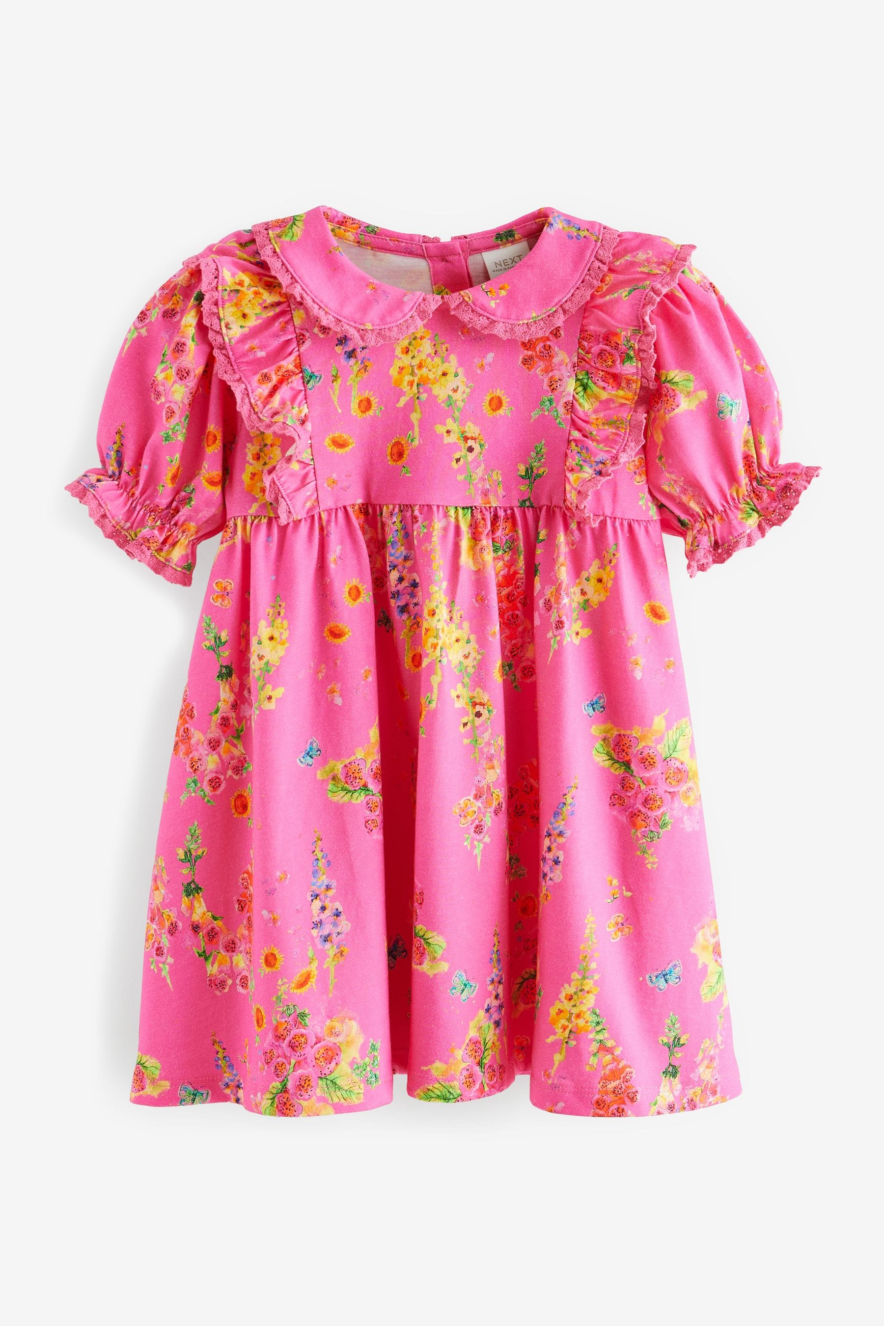 Bright Pink 100% Cotton Short Sleeve Collar Dress (3mths-7yrs)