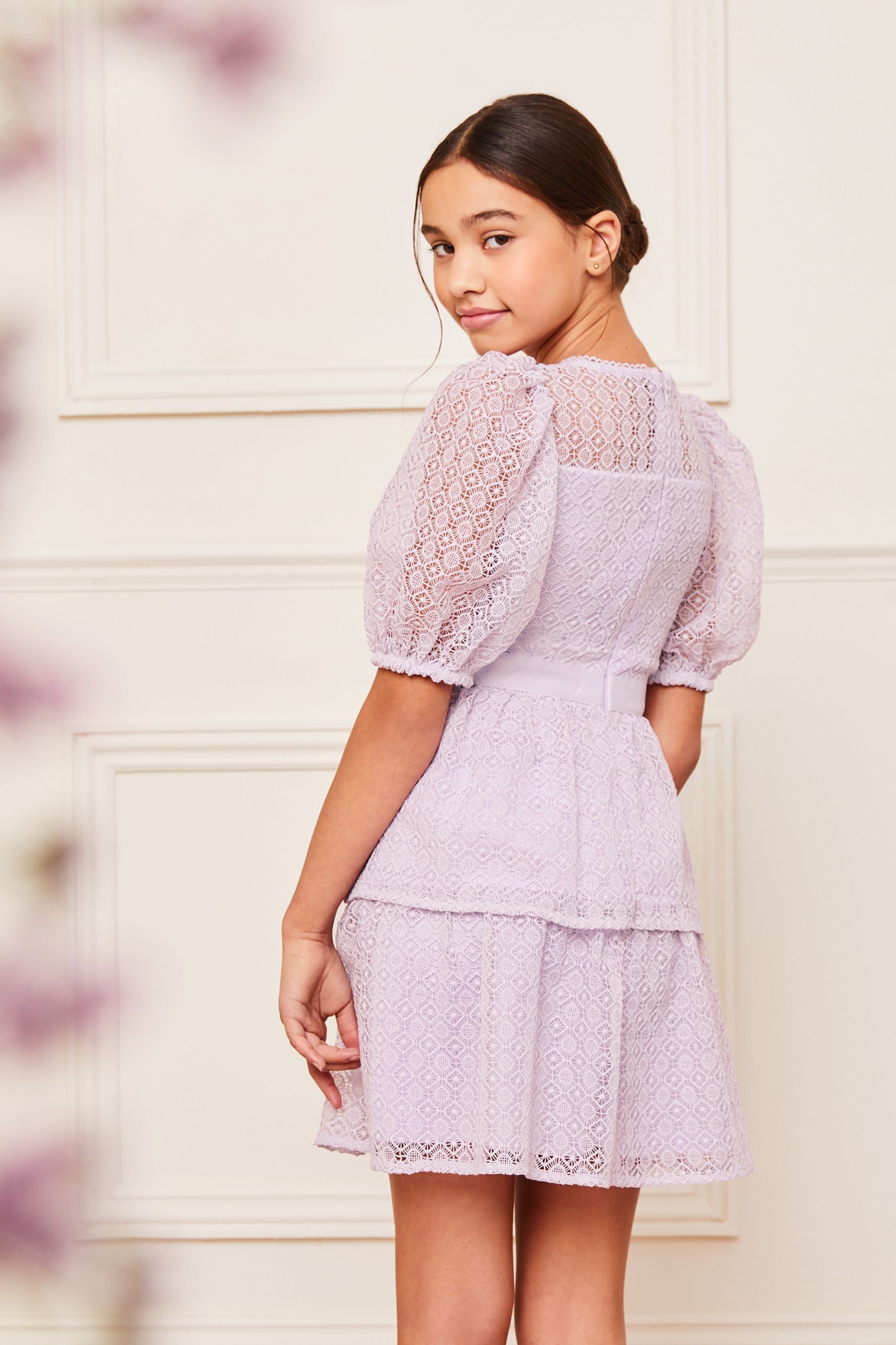 Lilac Purple Lipsy Lace Puff Sleeve Occasion Dress (5-16yrs)