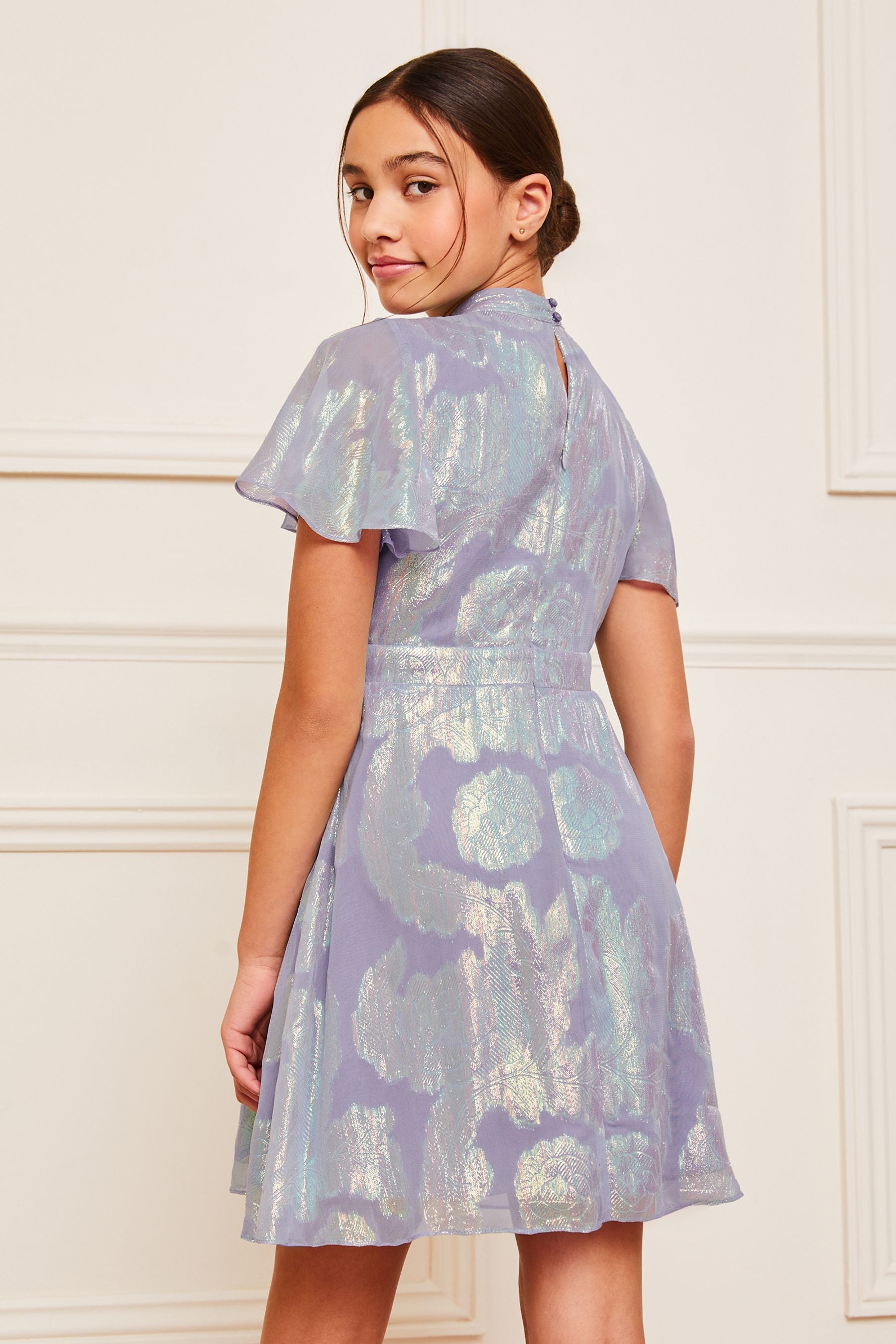 Lipsy Purple Lilac Shimmer Twist Neck Occasion Dress (5-16yrs)