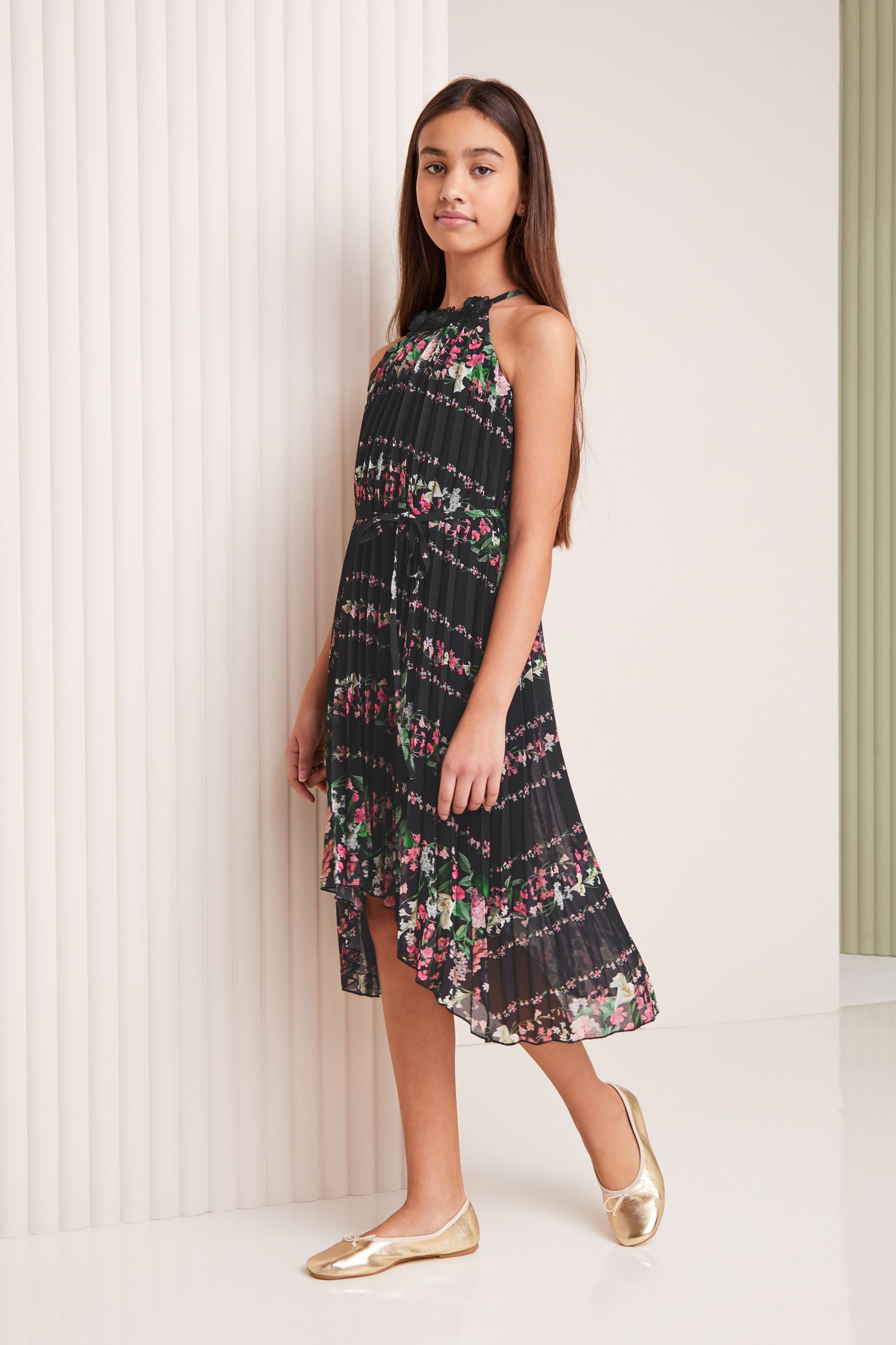 Black Print Lipsy Pleated Chiffon Occasion Dress