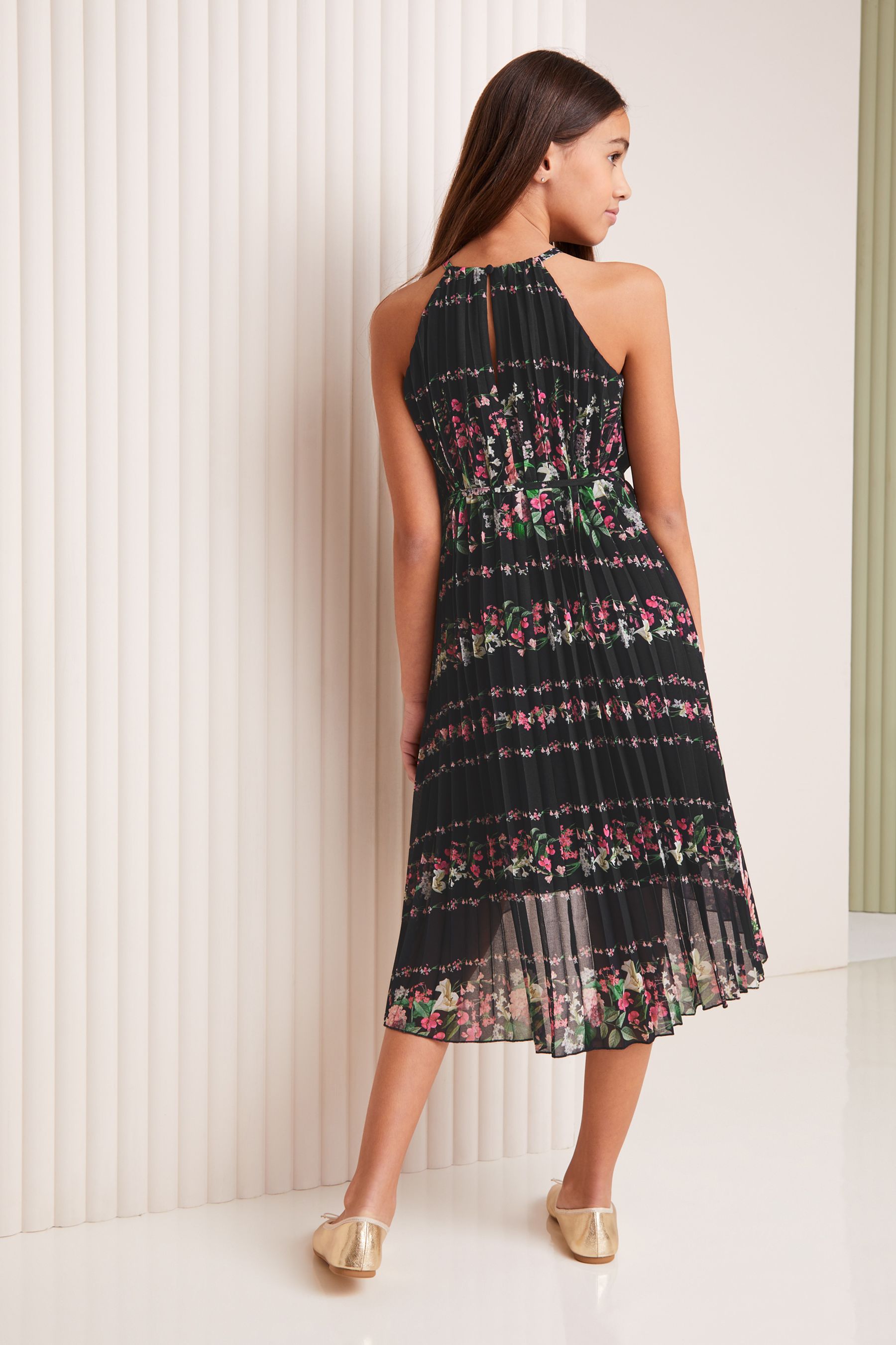 Black Print Lipsy Pleated Chiffon Occasion Dress