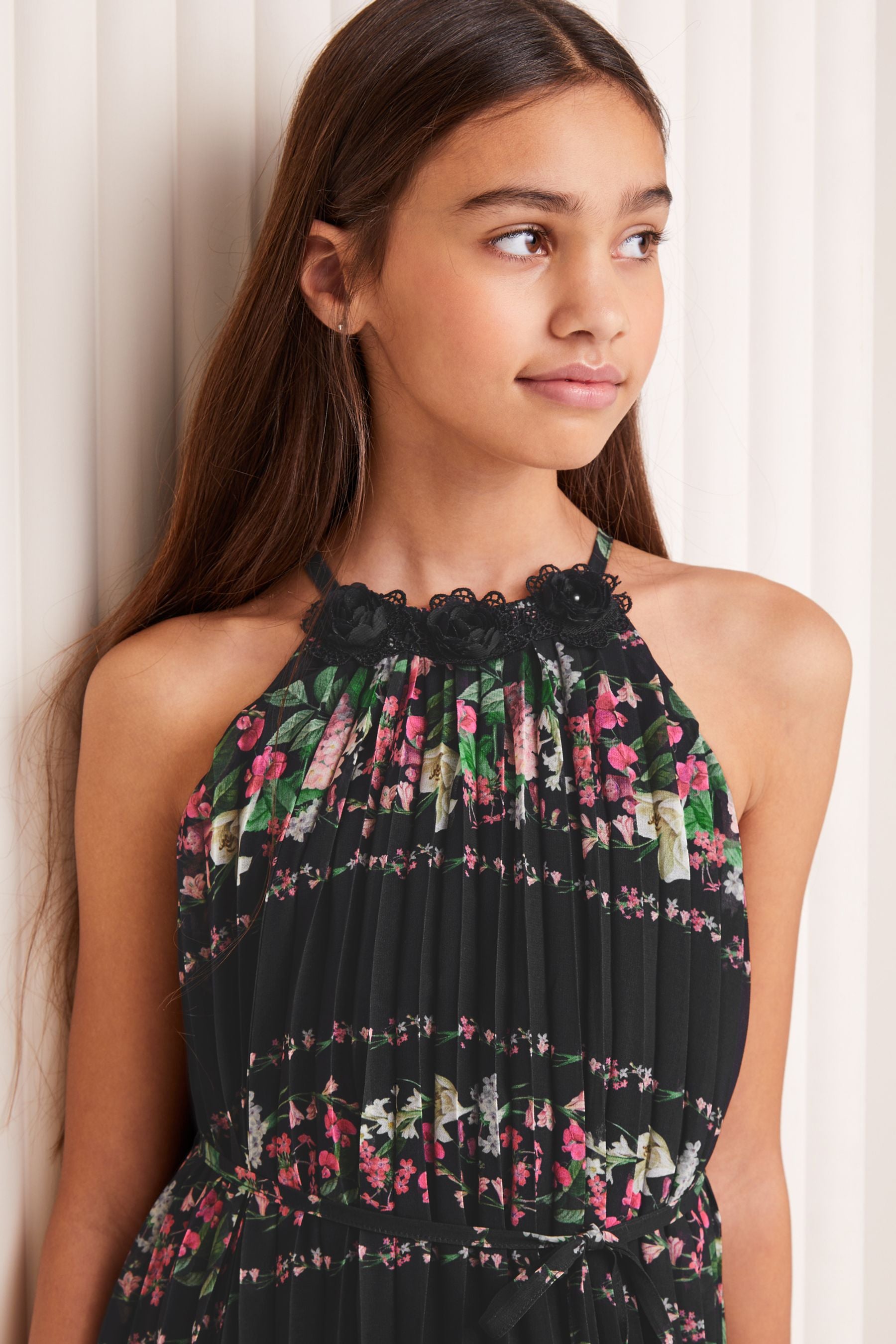 Black Print Lipsy Pleated Chiffon Occasion Dress