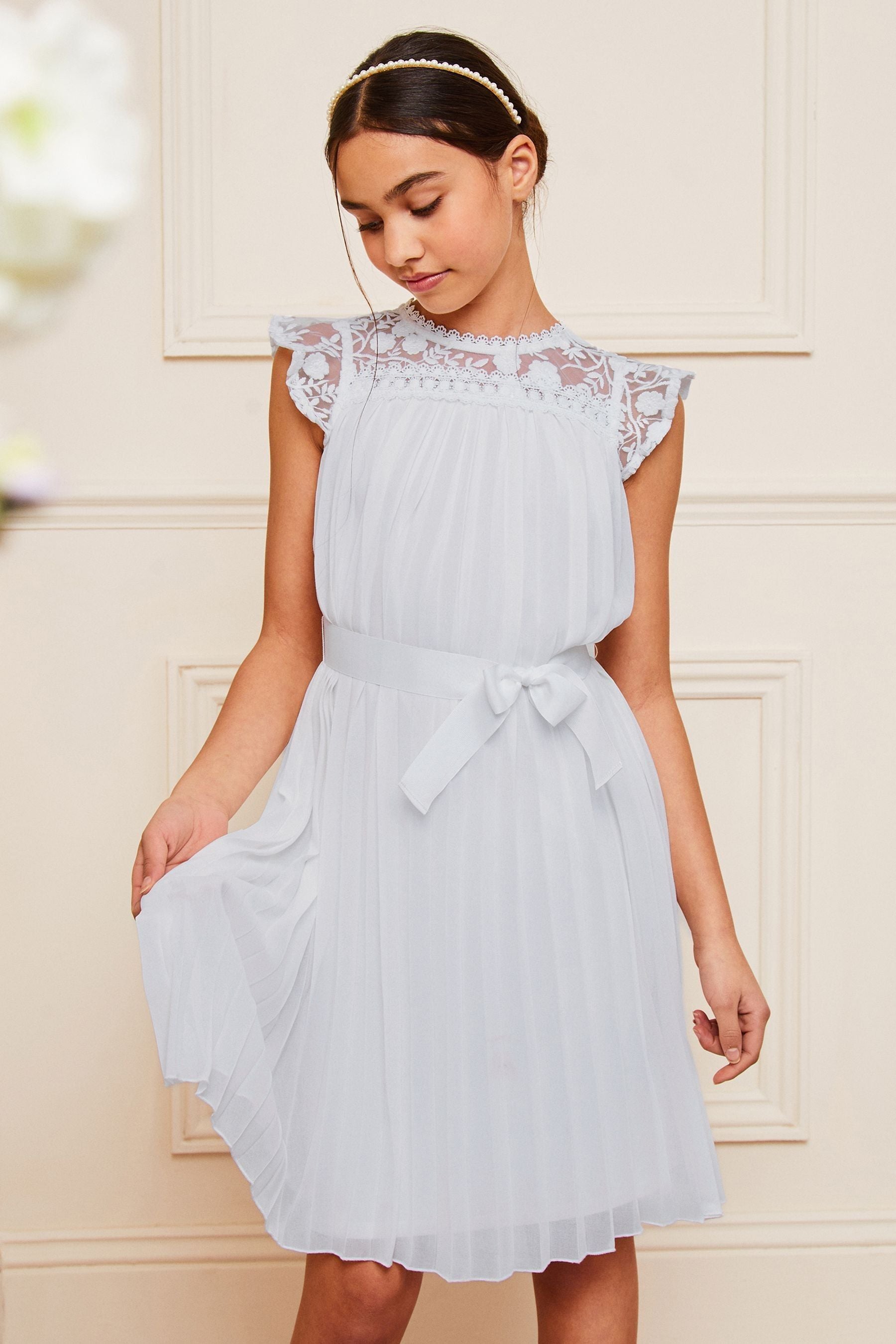 Blue Lipsy Lace Yolk Pleated Occasion Dress