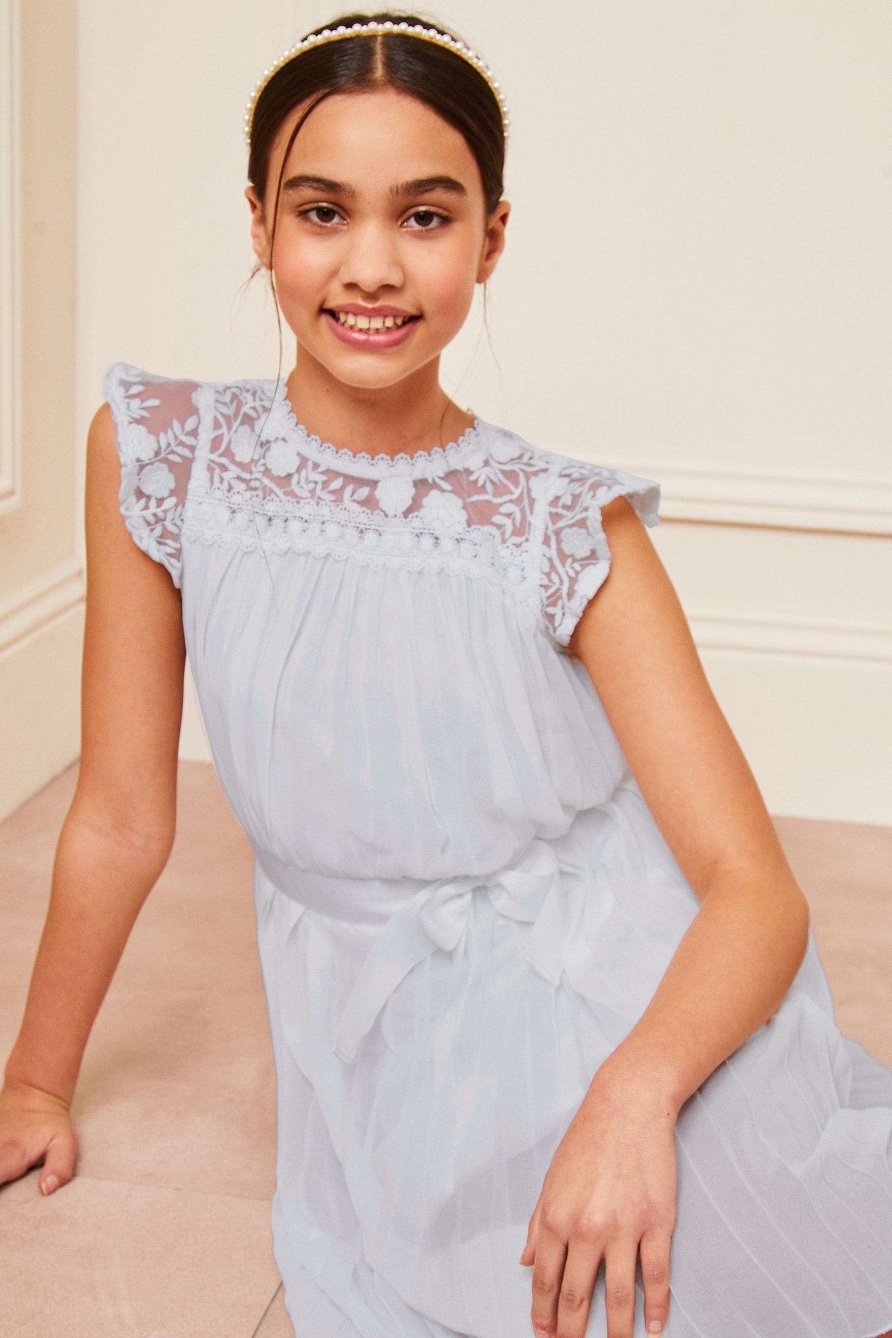 Blue Lipsy Lace Yolk Pleated Occasion Dress