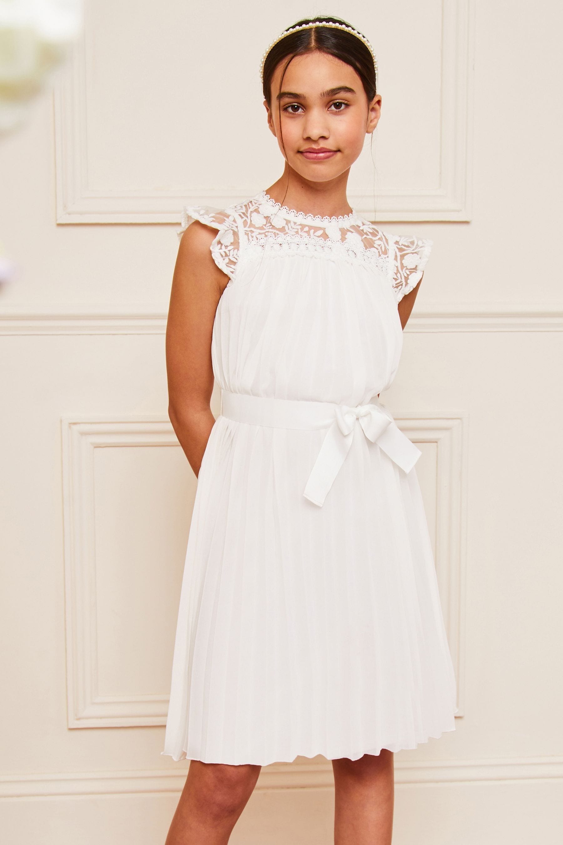 White Lipsy Lace Yolk Pleated Occasion Dress