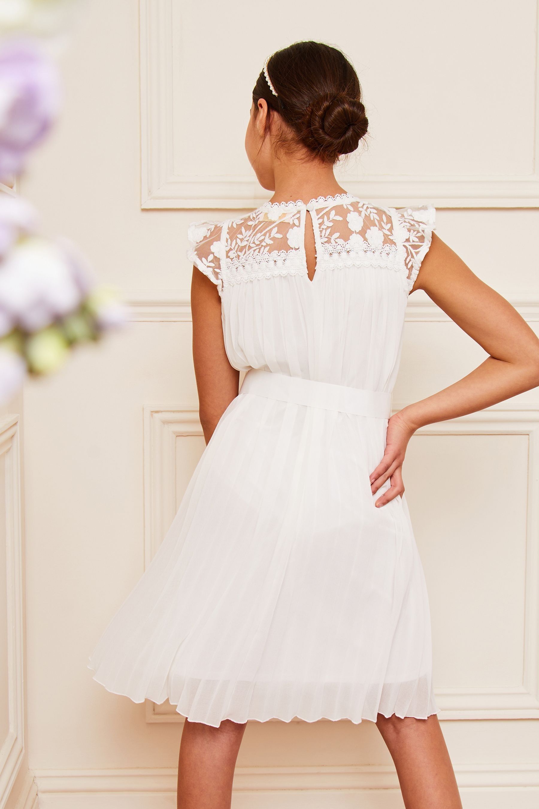 White Lace Yolk Pleated Occasion Dress