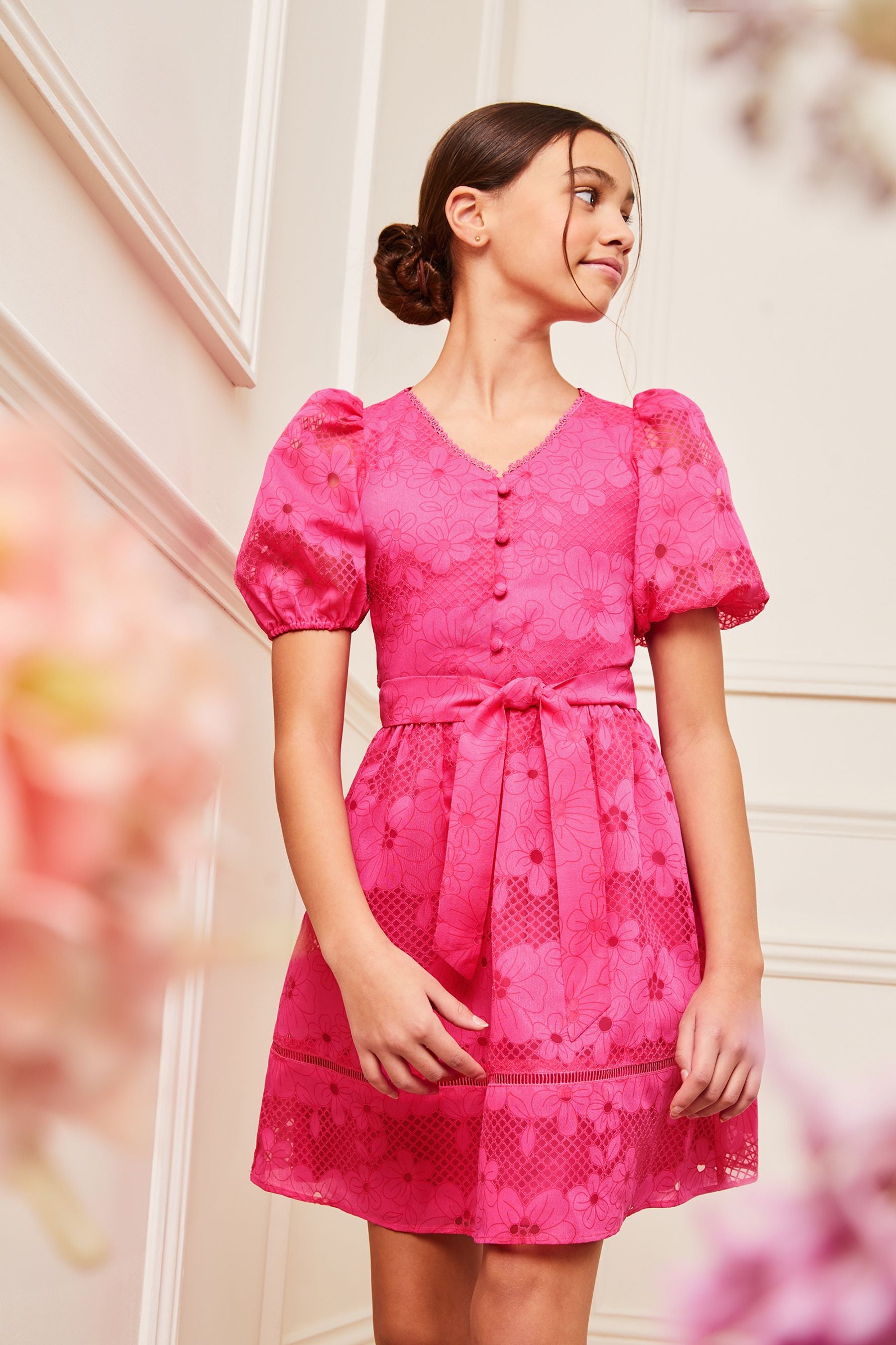 Pink Lipsy Puff Sleeve Occasion Dress (5-16yrs)