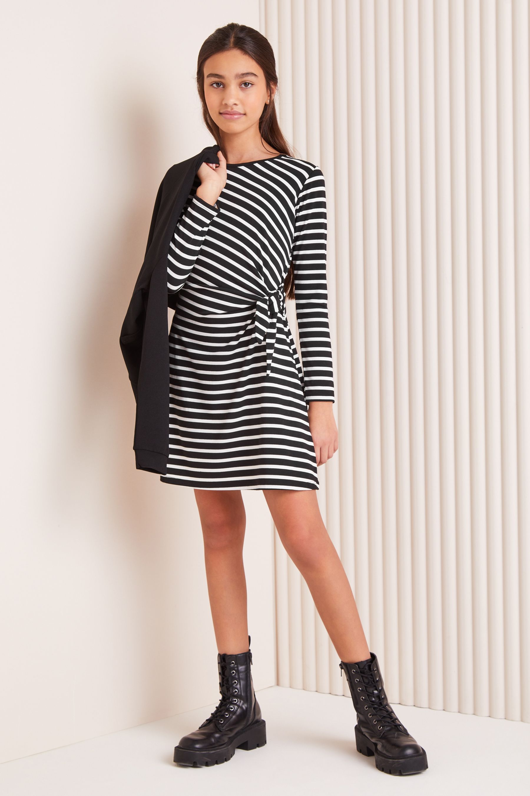 Black/White Stripe Jersey Tie Side Dress