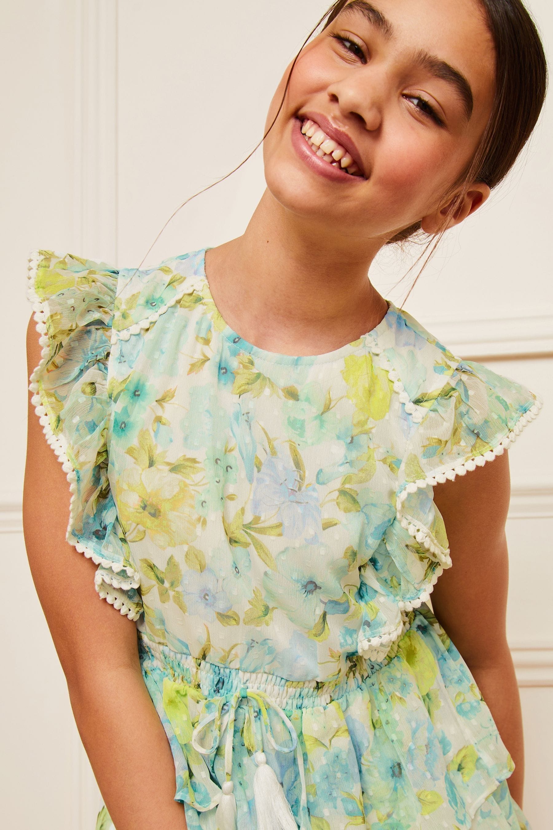 Green/White Floral Chiffon Ruffle Mini Dress (5-16yrs)