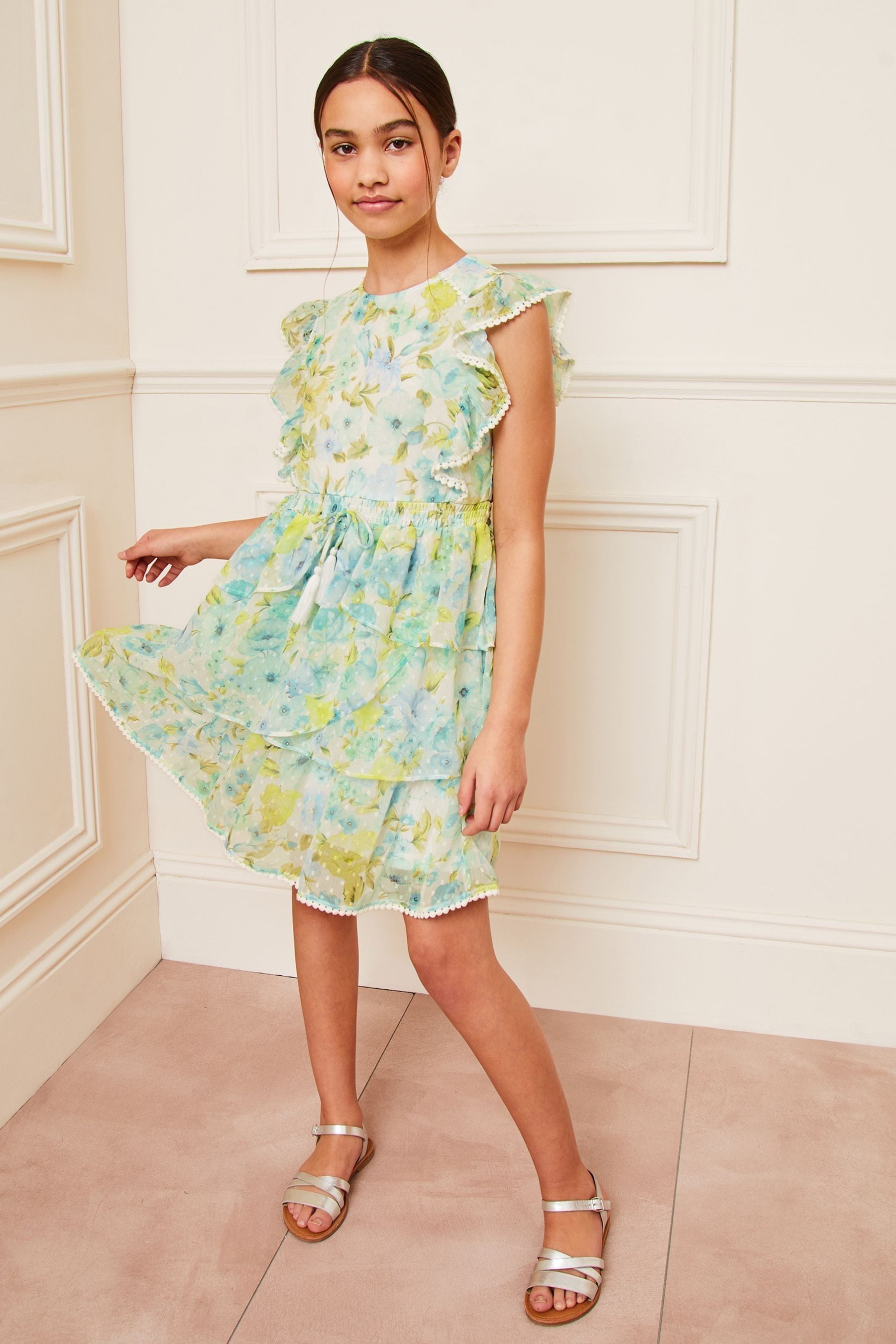 Green/White Floral Chiffon Ruffle Mini Dress (5-16yrs)