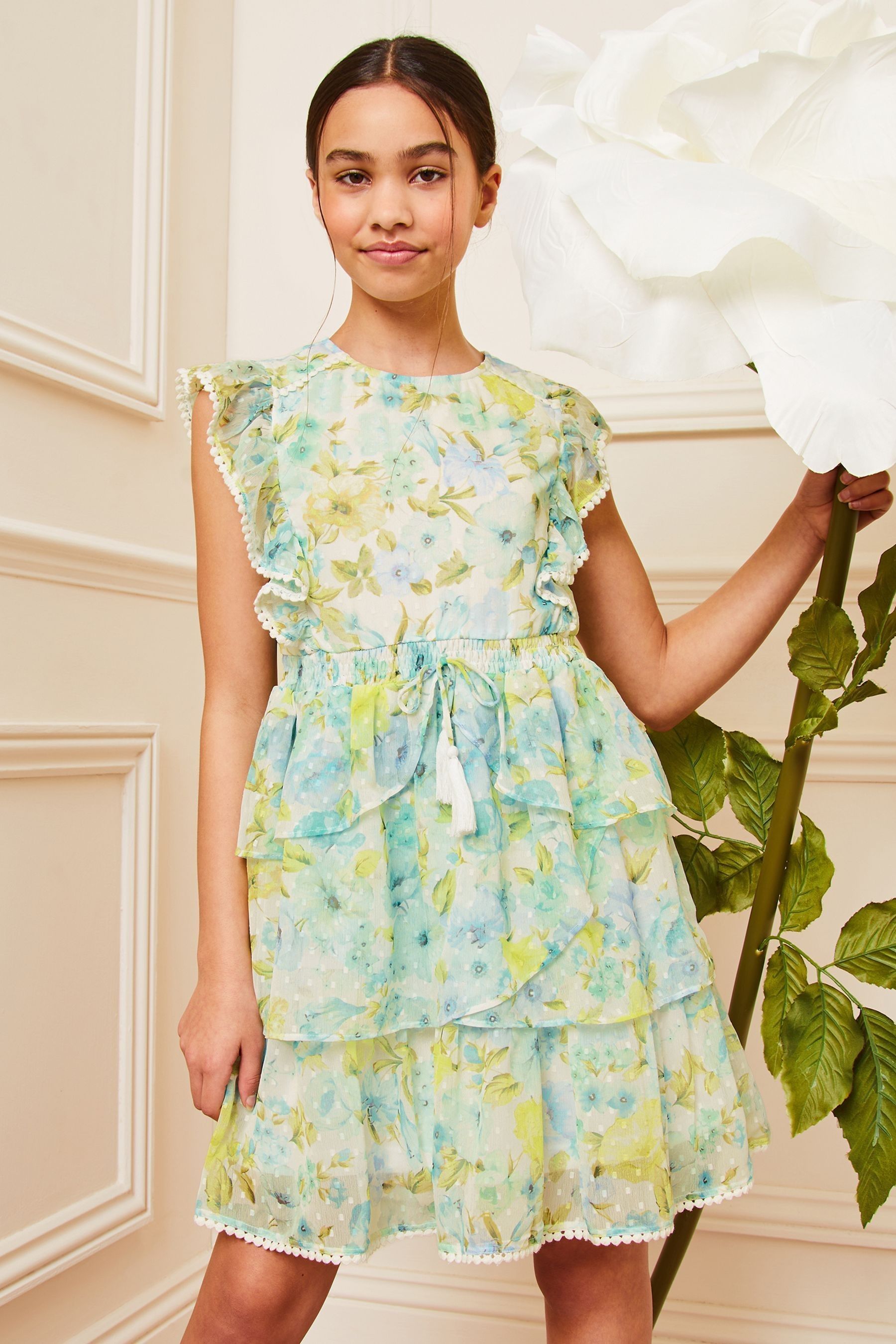 Green/White Floral Lipsy Chiffon Ruffle Mini Dress (5-16yrs)