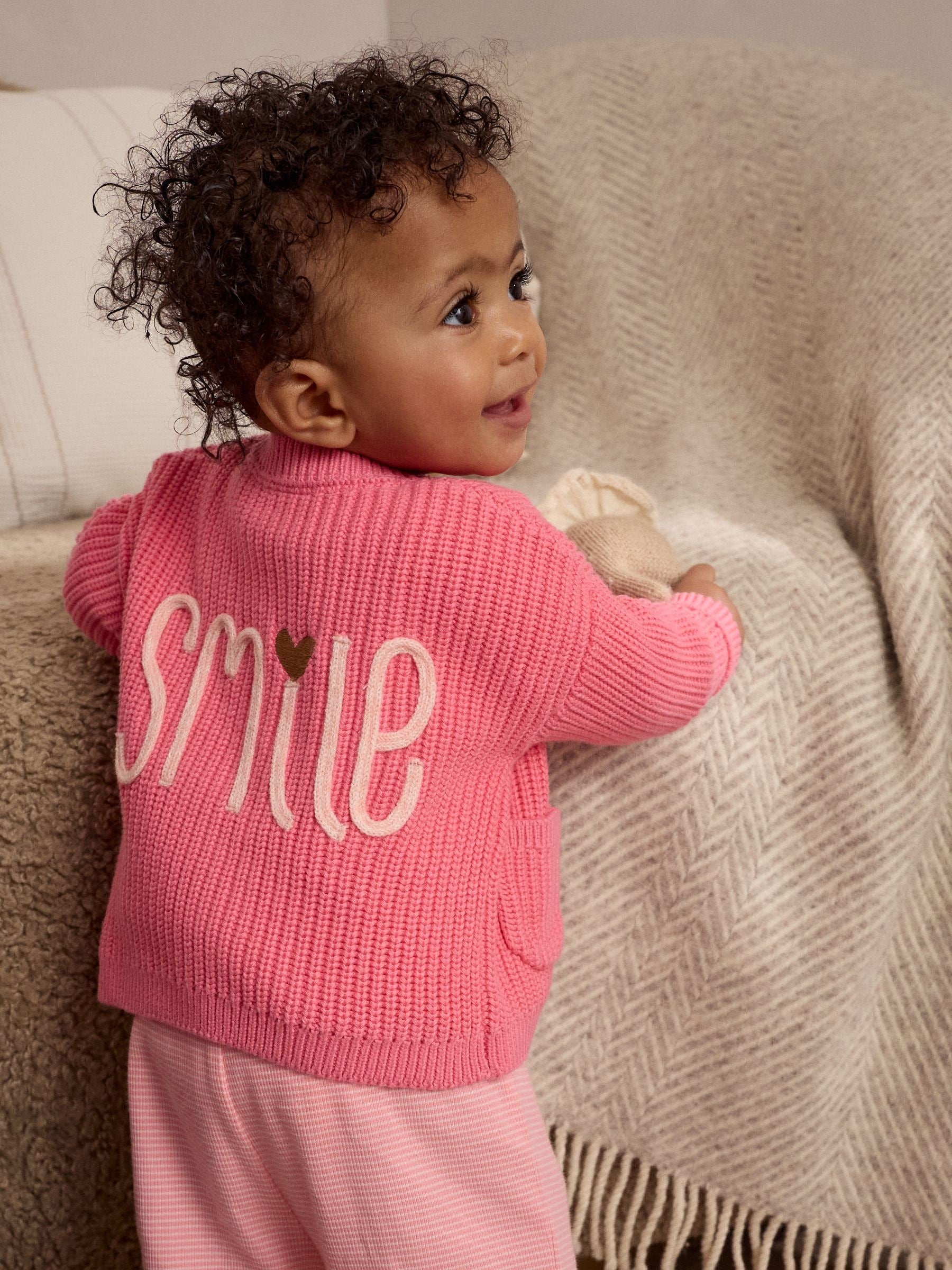 Pink Smile Slogan Baby Button 100% Cotton Cardigan (0mths-2yrs)