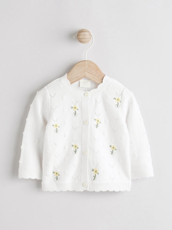 White 100% Cotton Pointelle Knitted Floral Flower Baby Cardigan (0mths-3yrs)