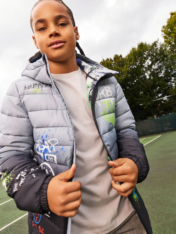 Black/White Quilted Midweight Hooded Jacket (3-16yrs)