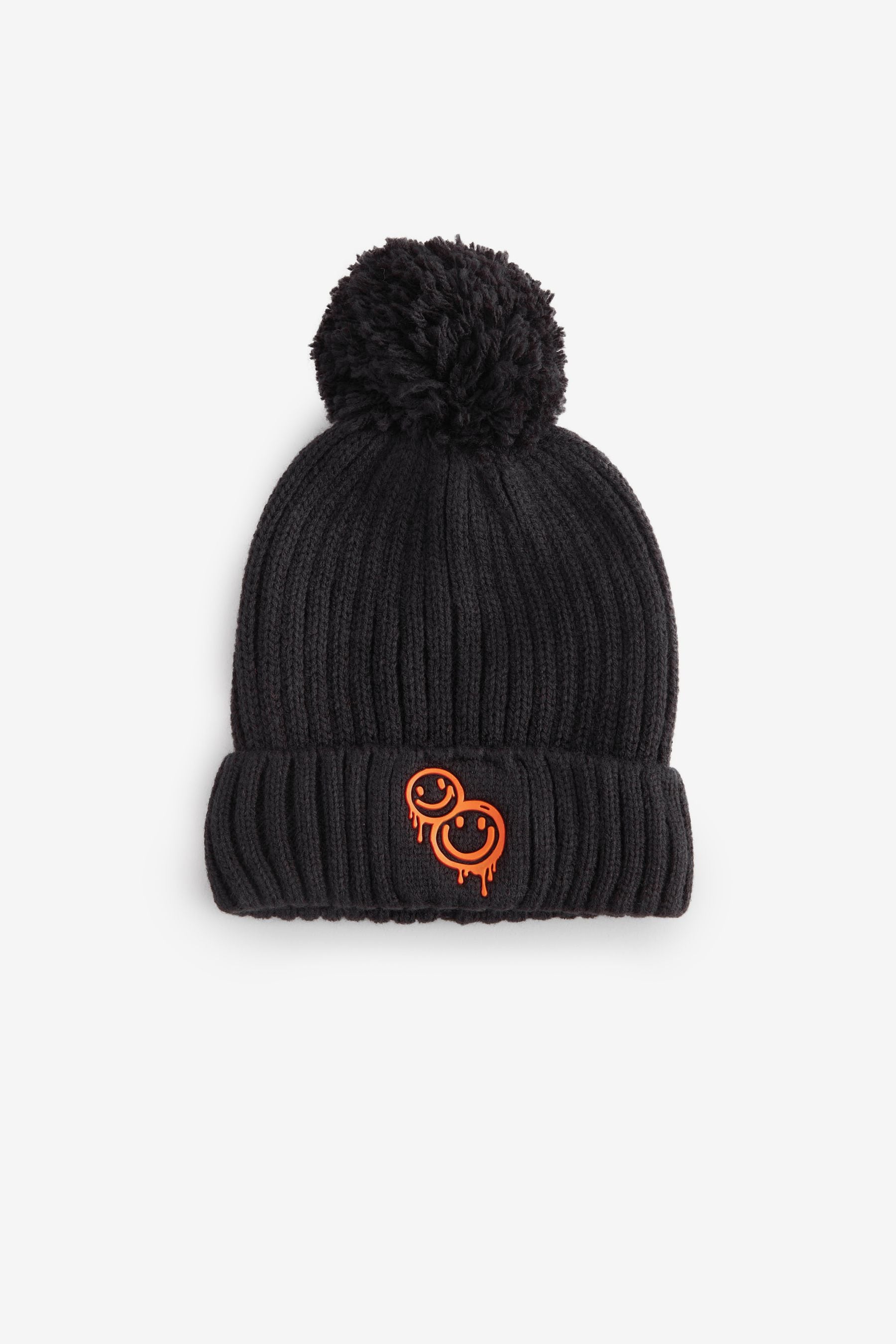 Black with Smile Detail Pom Hat (1-16yrs)