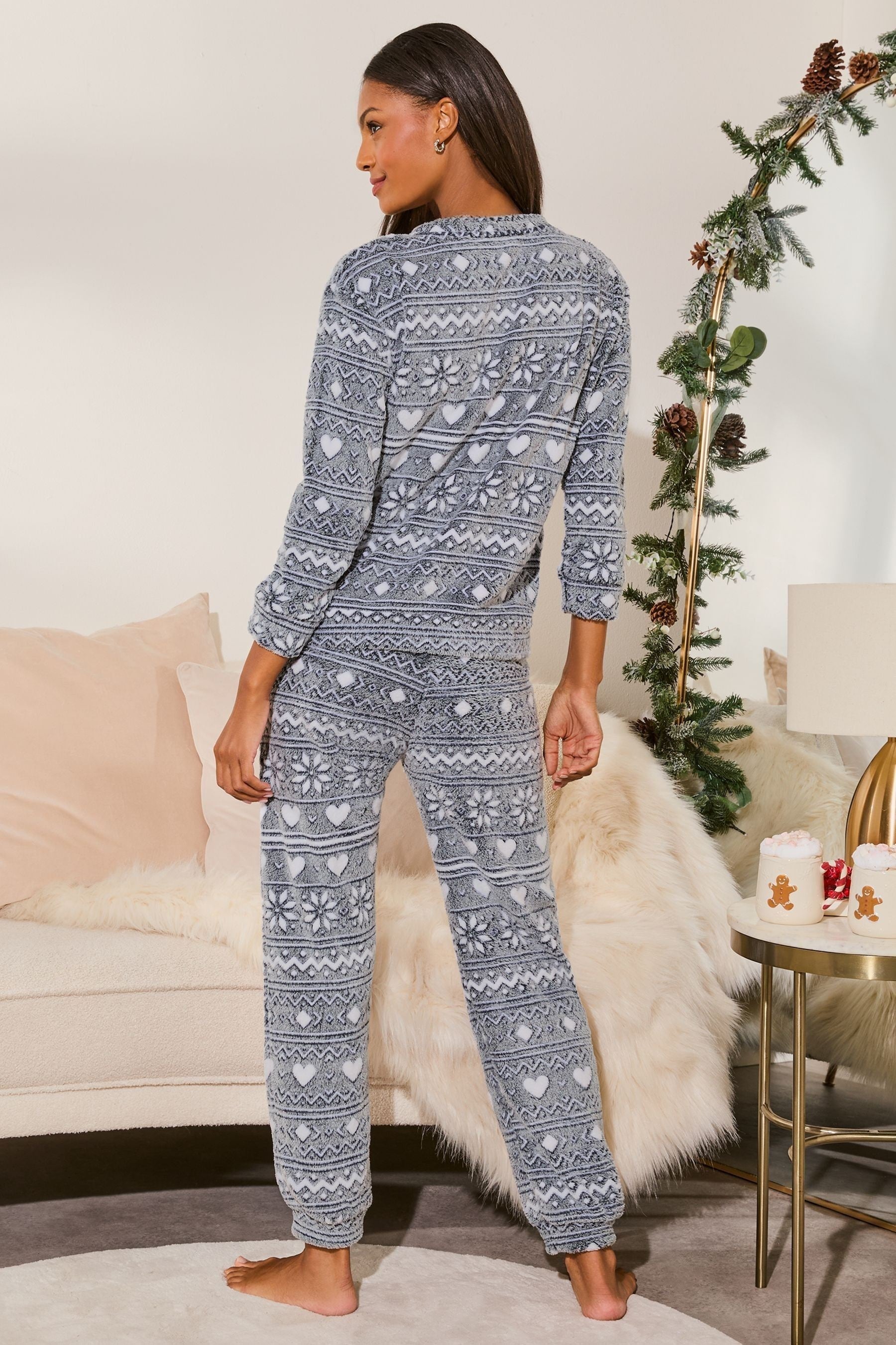 Grey Cosy Fairisle Fleece Long Sleeve Pyjama Set