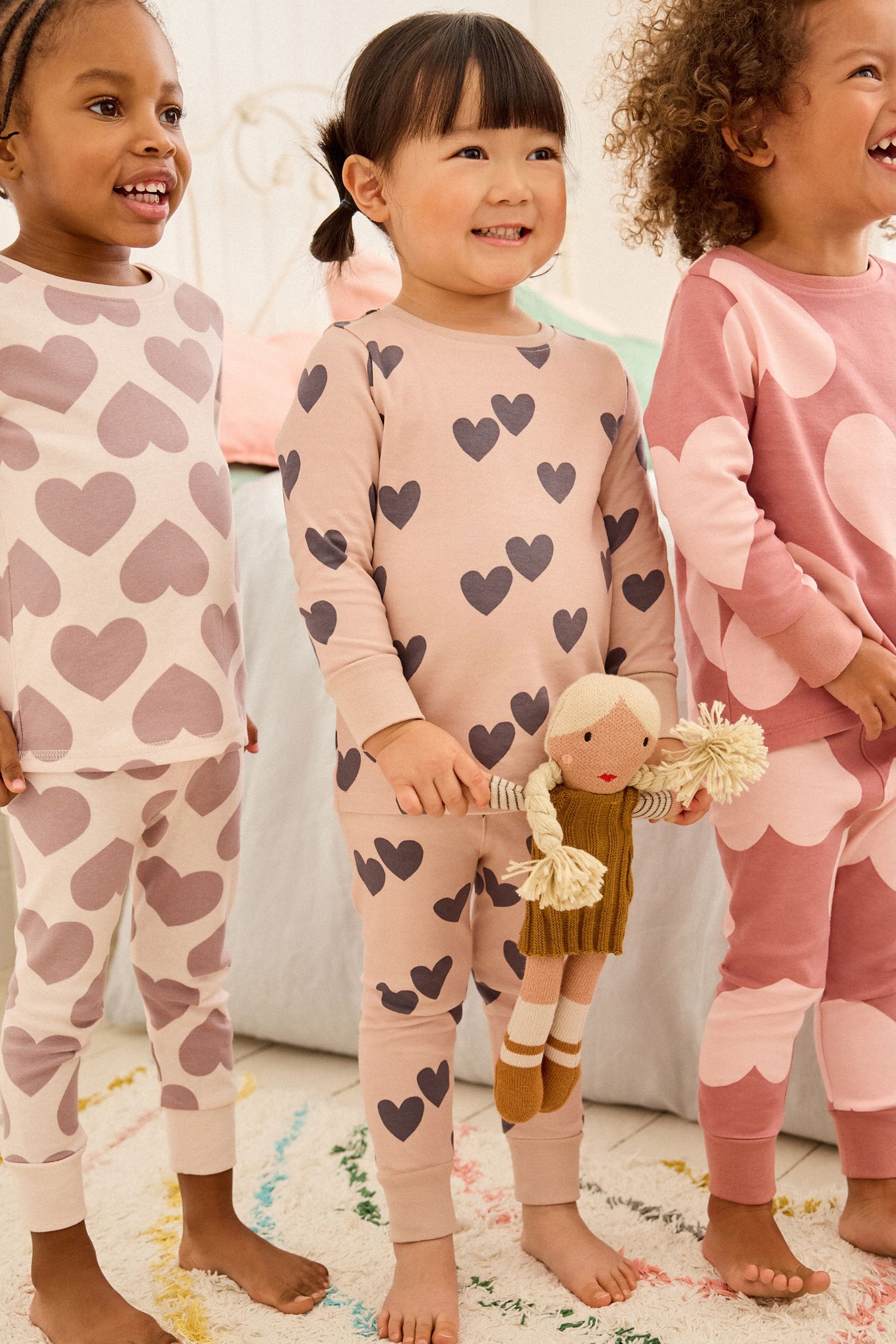 Neutral/ Pink Heart Stampy Pyjamas 3 Pack (9mths-16yrs)