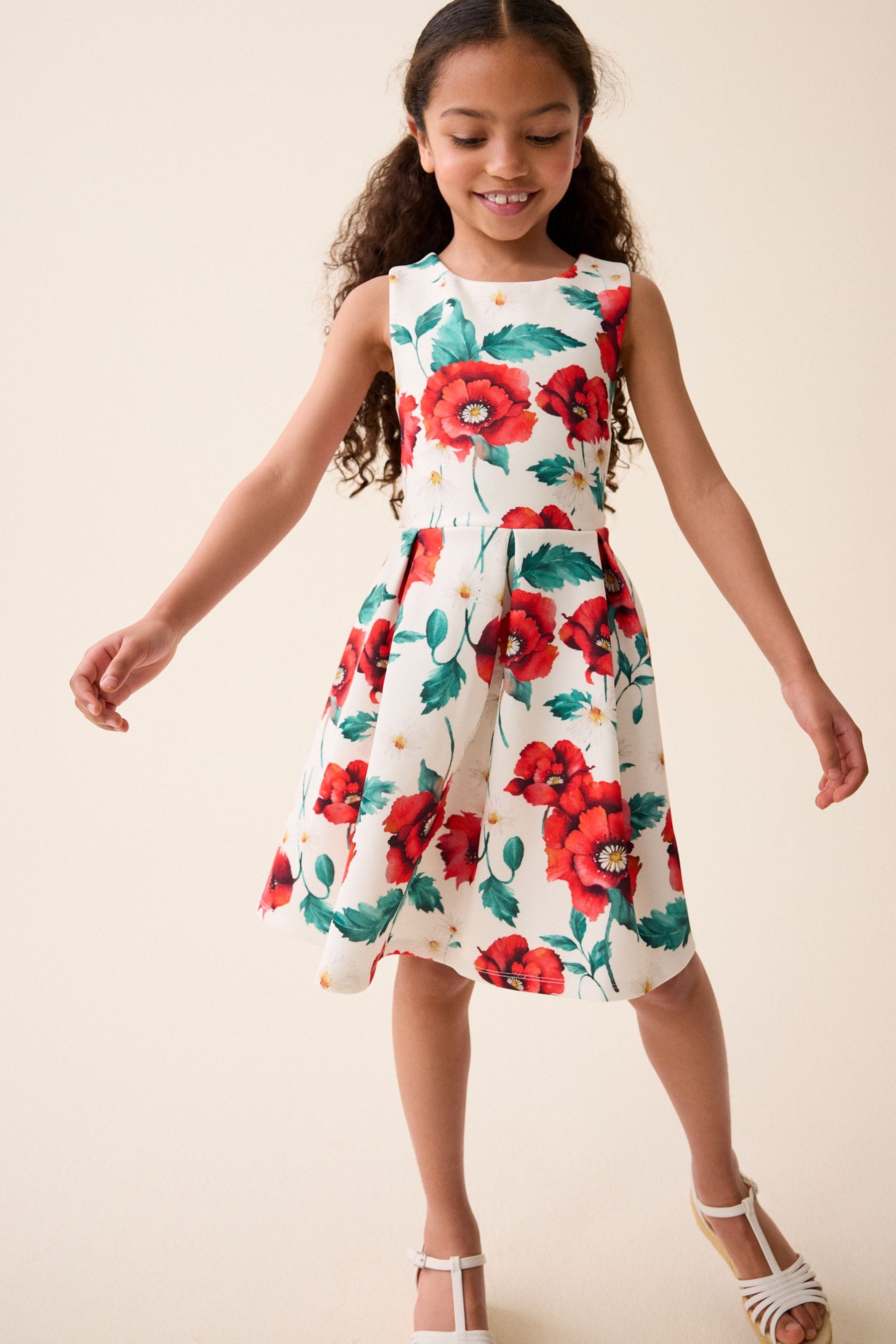 Red/White Flower Print Cut Out Detail Scuba Occasion Dress (1.5-16yrs)