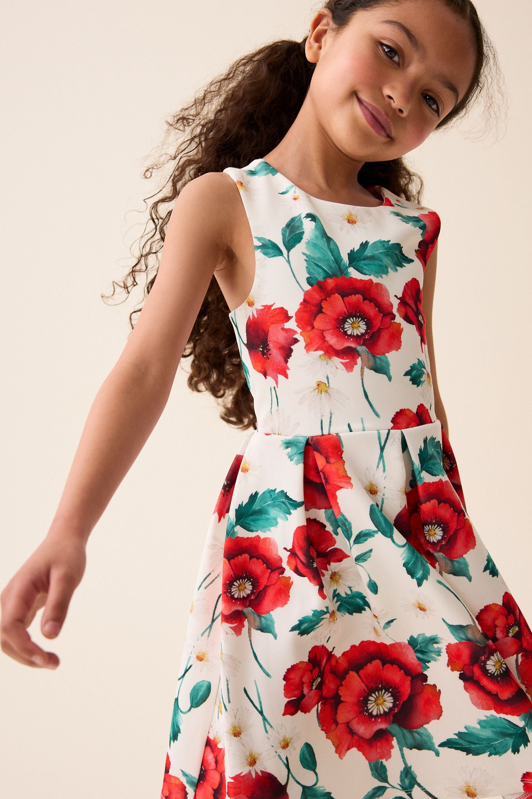 Red/White Flower Print Cut Out Detail Scuba Occasion Dress (1.5-16yrs)