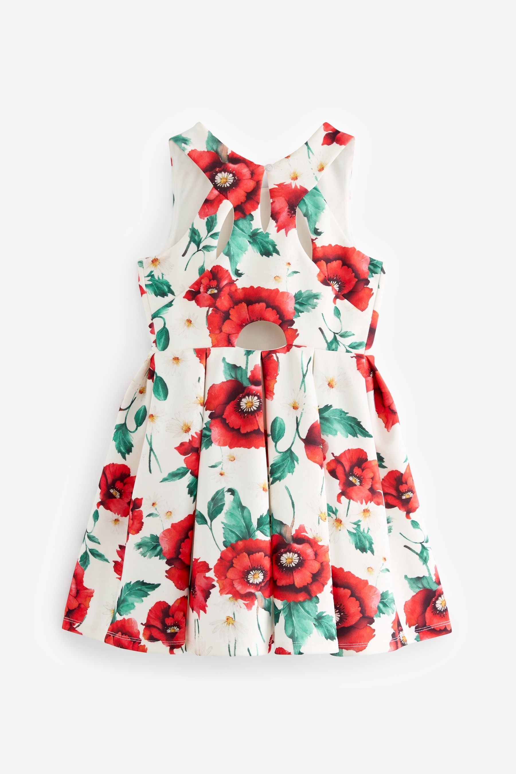 Red/White Flower Print Cut Out Detail Scuba Occasion Dress (1.5-16yrs)