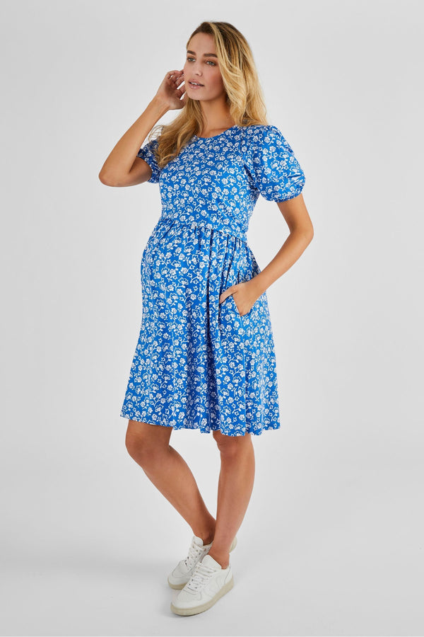 JoJo Maman B?©b?© Blue Multi Print Maternity & Nursing Dress