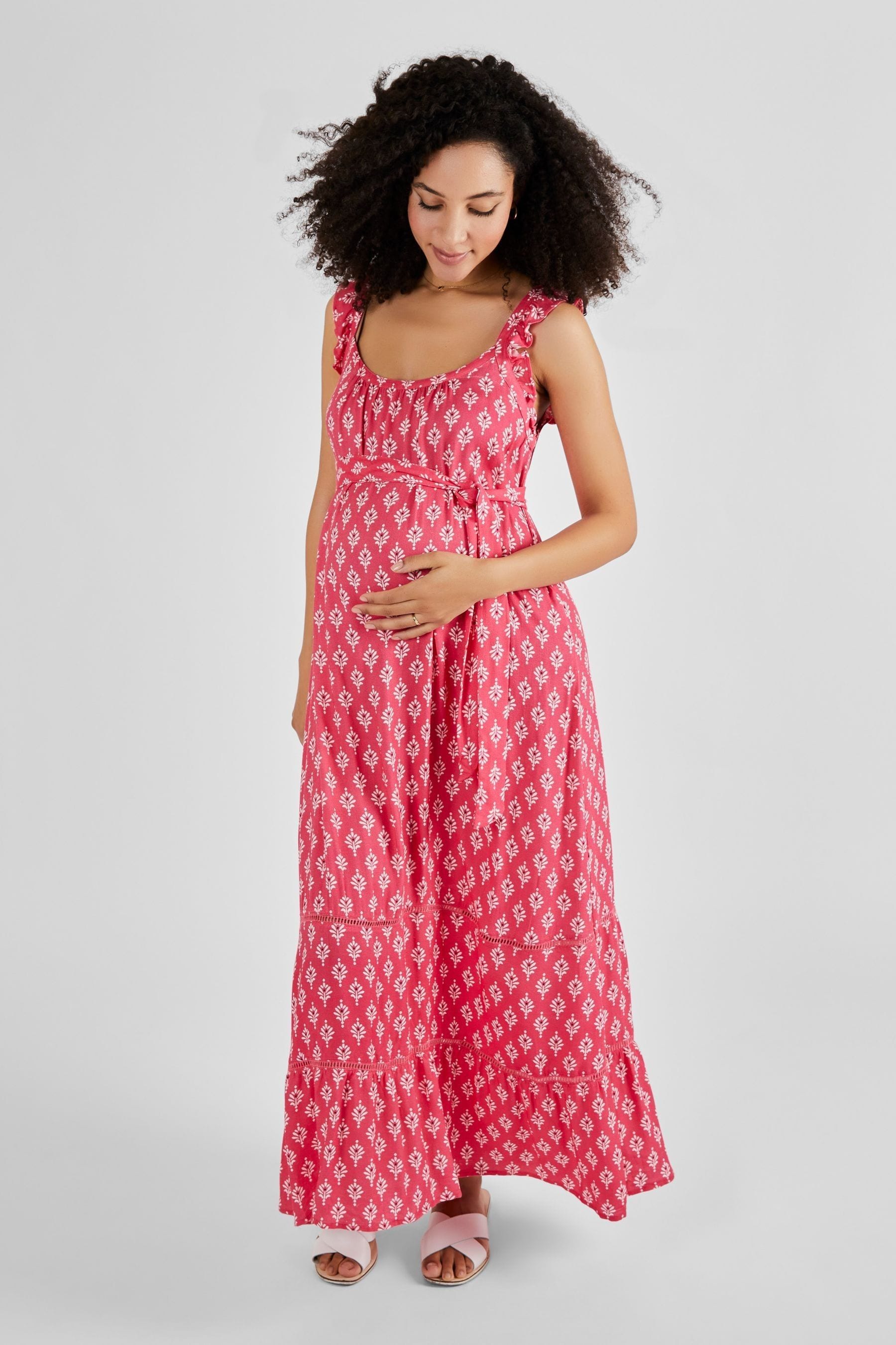 Pink Batik Print JoJo Maman Bébé Flutter Sleeve Maternity Maxi Dress