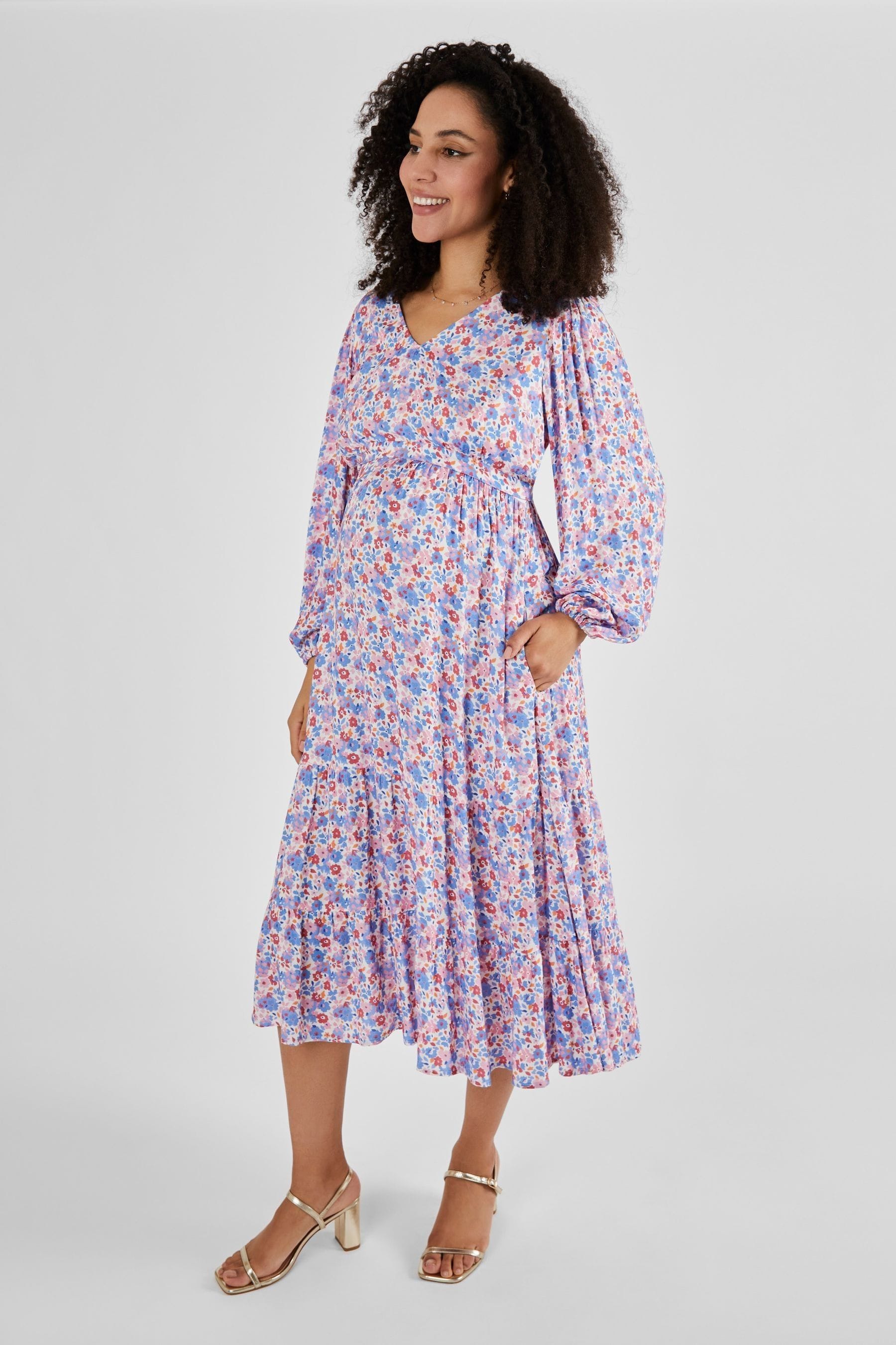 Multi JoJo Maman Bébé Blouson Sleeve Maternity & Nursing Maxi Dress