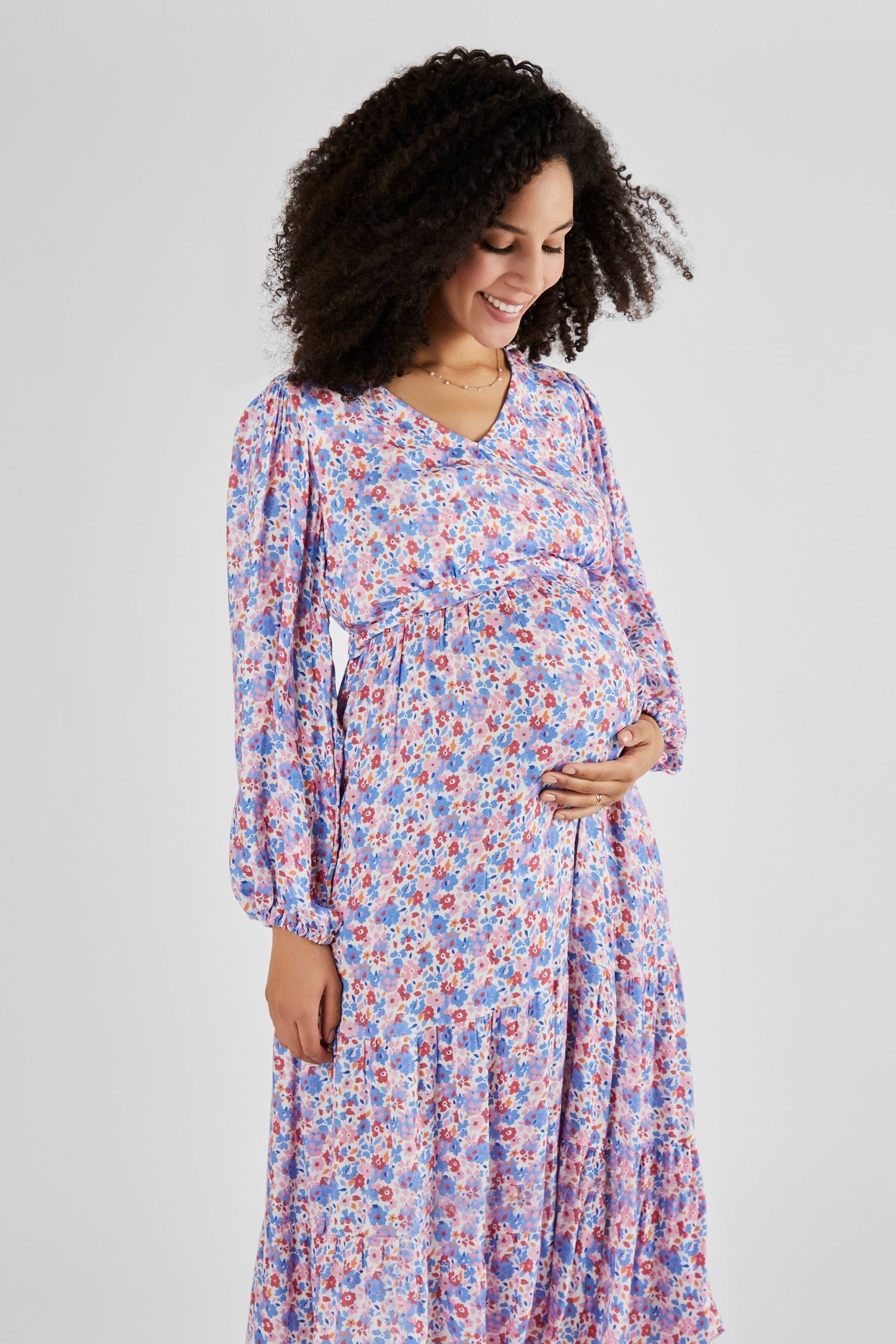 Multi JoJo Maman Bébé Blouson Sleeve Maternity & Nursing Maxi Dress