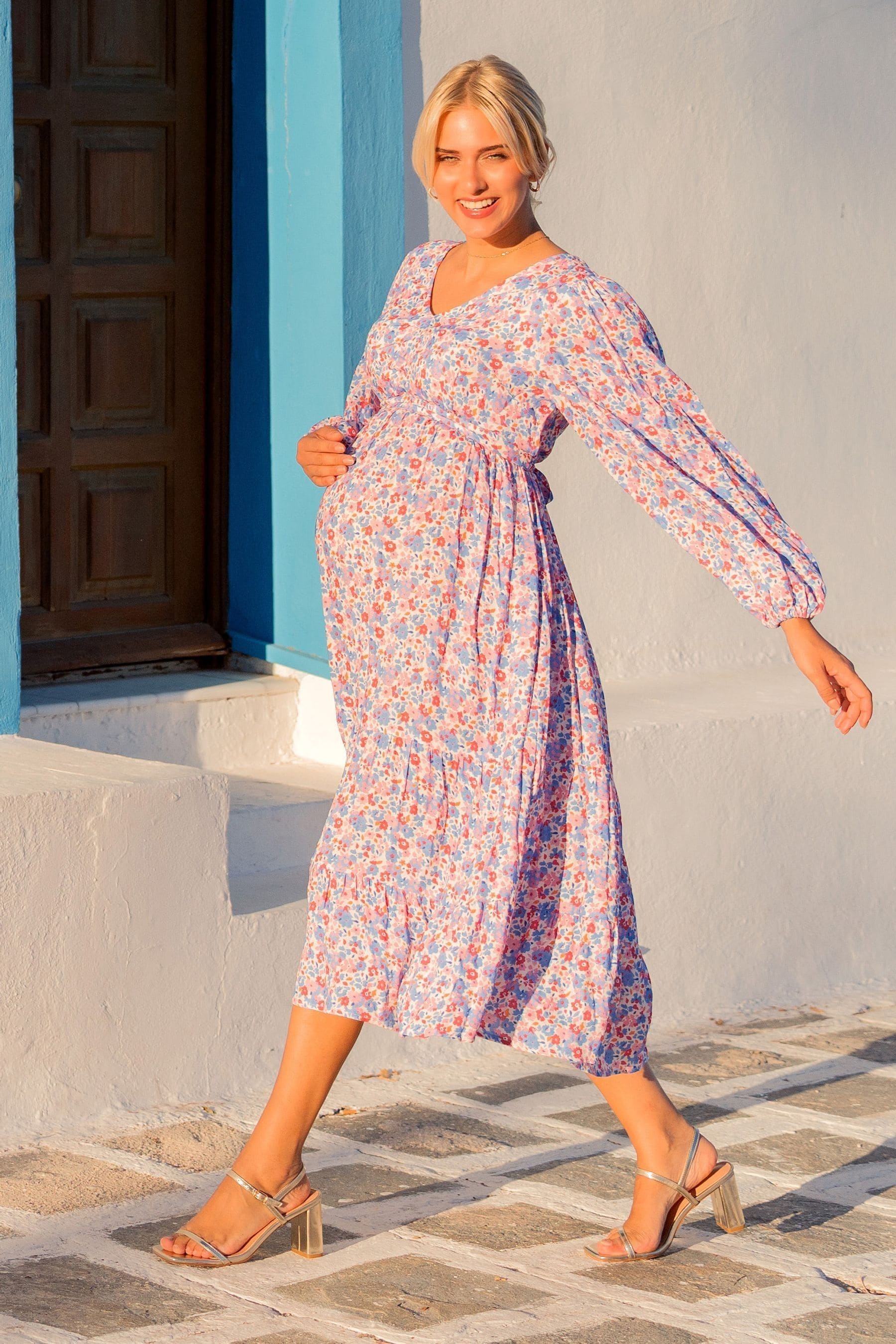 Multi JoJo Maman Bébé Blouson Sleeve Maternity & Nursing Maxi Dress