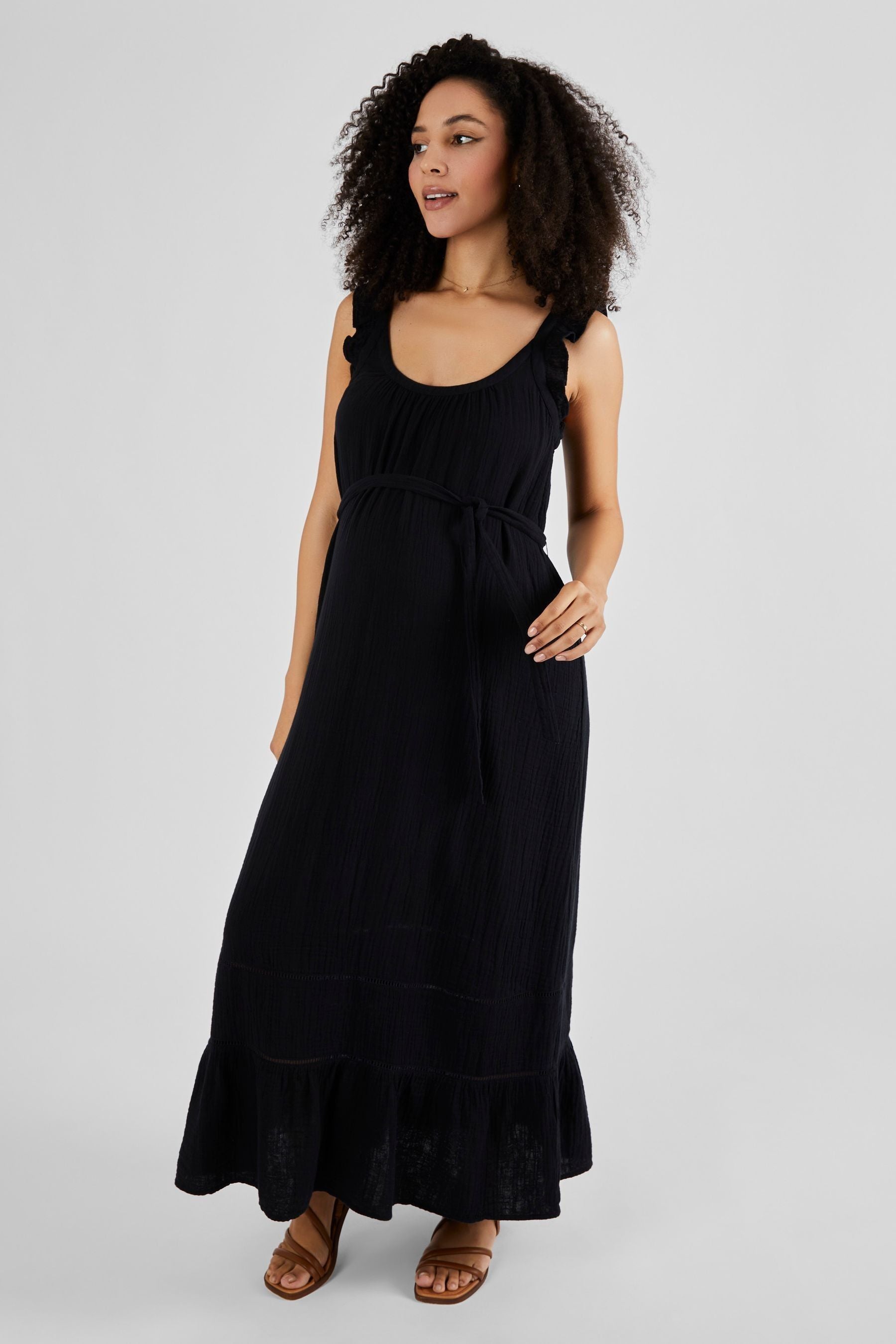 Black JoJo Maman Bébé Flutter Sleeve Maternity Maxi Dress