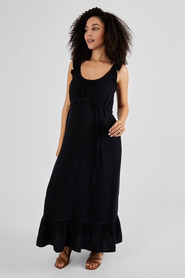 JoJo Maman B?©b?© Black Flutter Sleeve Maternity Maxi Dress