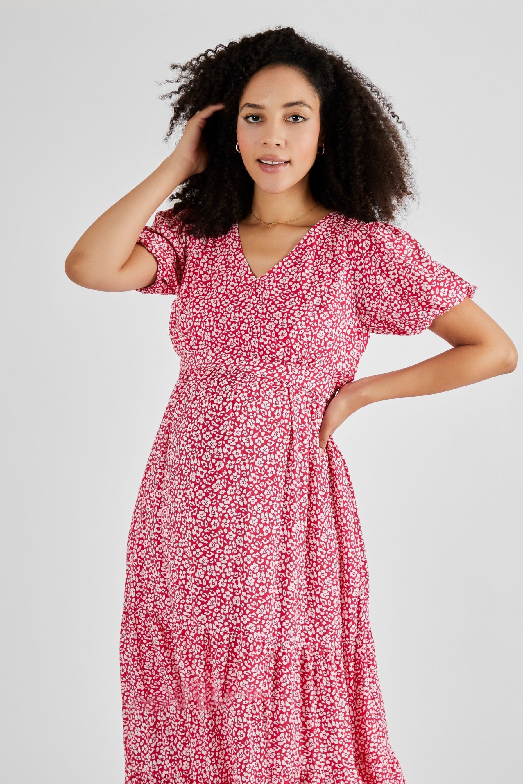 Pink Floral JoJo Maman Bébé Print Tiered Maternity and Nursing Midi Dress