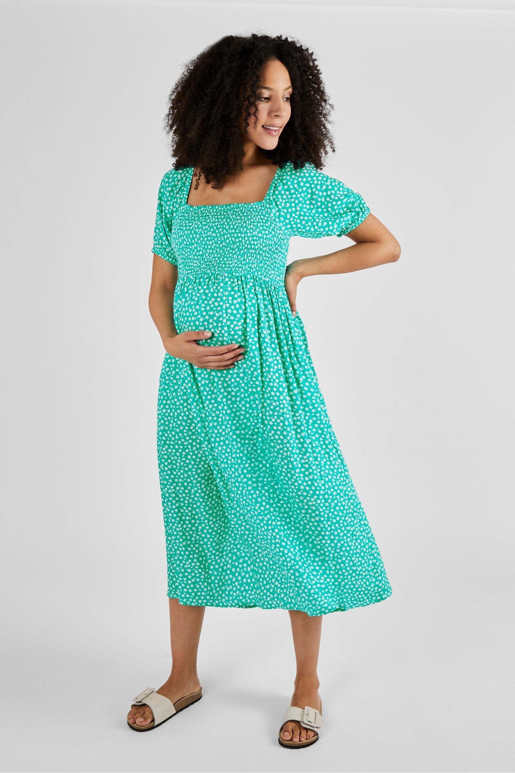 Green Ditsy JoJo Maman Bébé Shirred Maternity Midi Dress