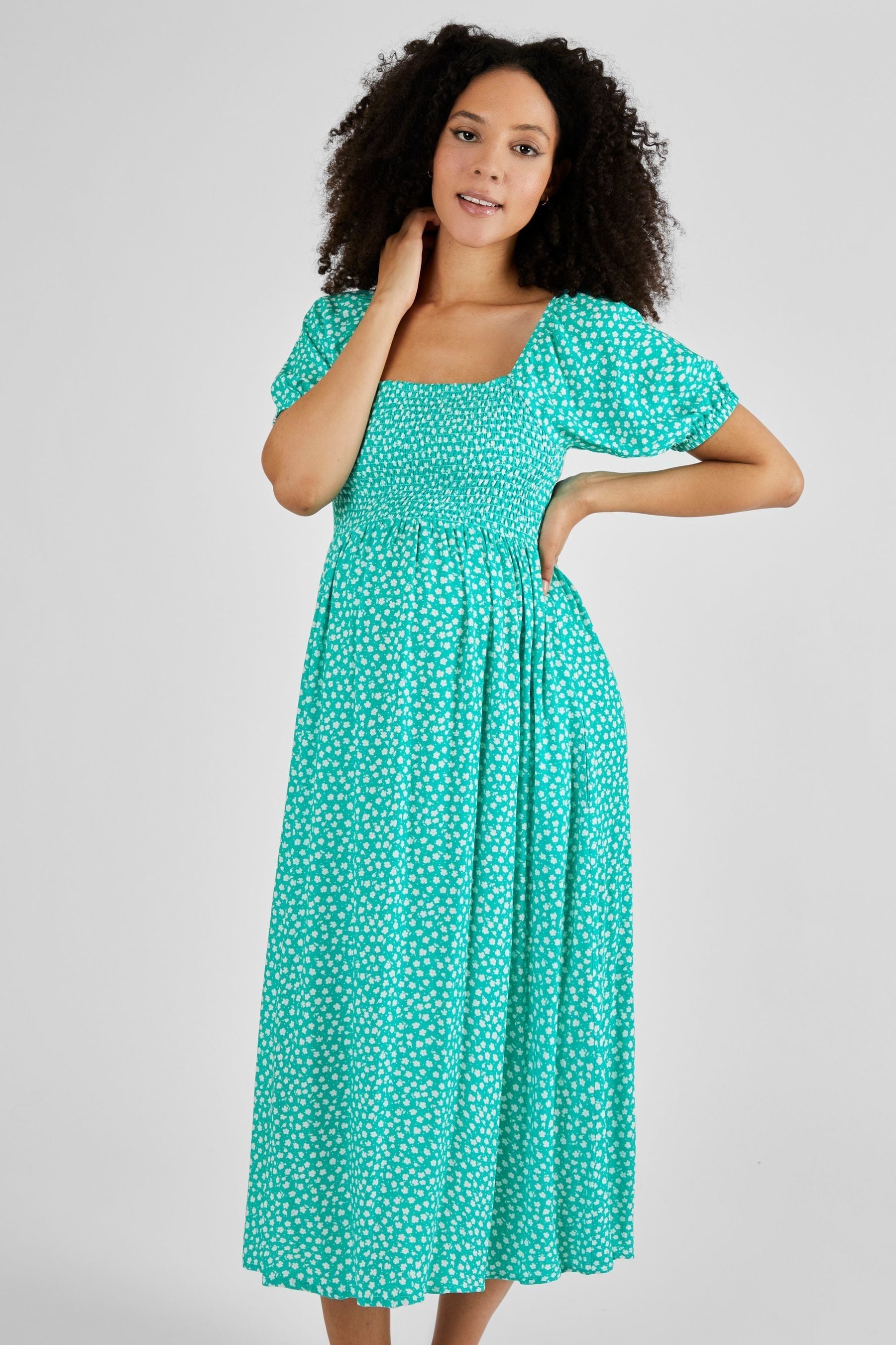 Green Ditsy JoJo Maman Bébé Shirred Maternity Midi Dress