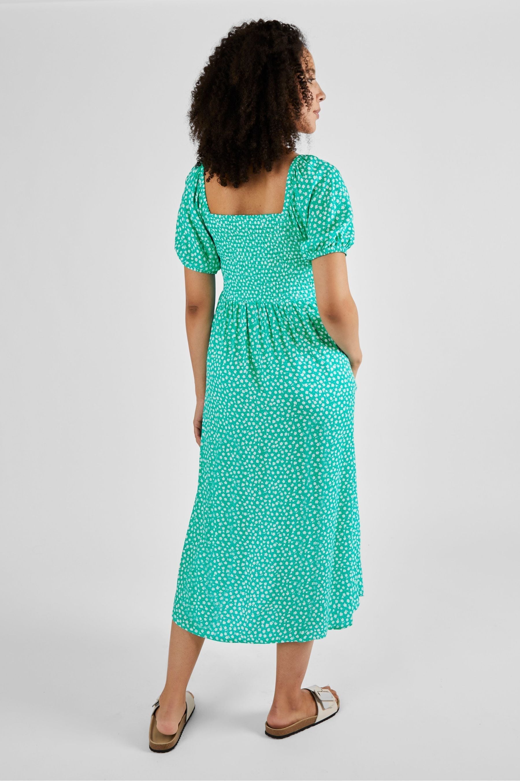 Green Ditsy JoJo Maman Bébé Shirred Maternity Midi Dress