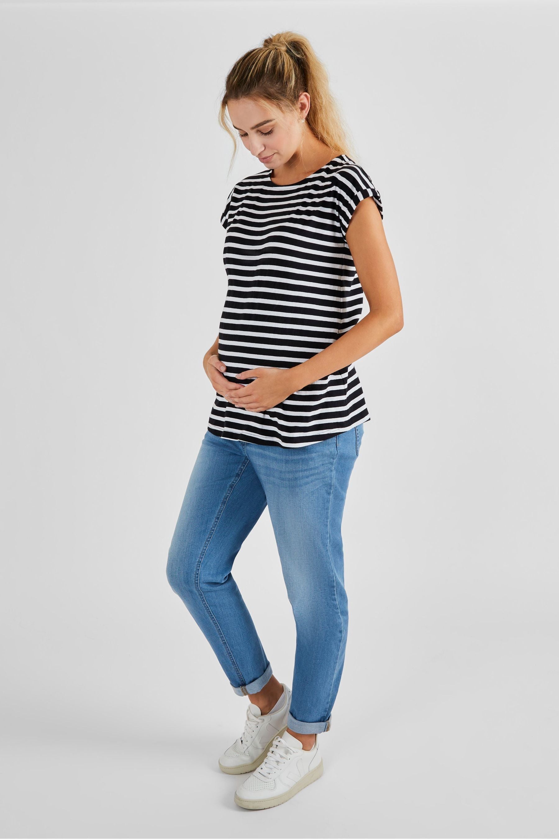 JoJo Maman Bébé Black White Stripe Boyfriend Cotton Maternity T-Shirt