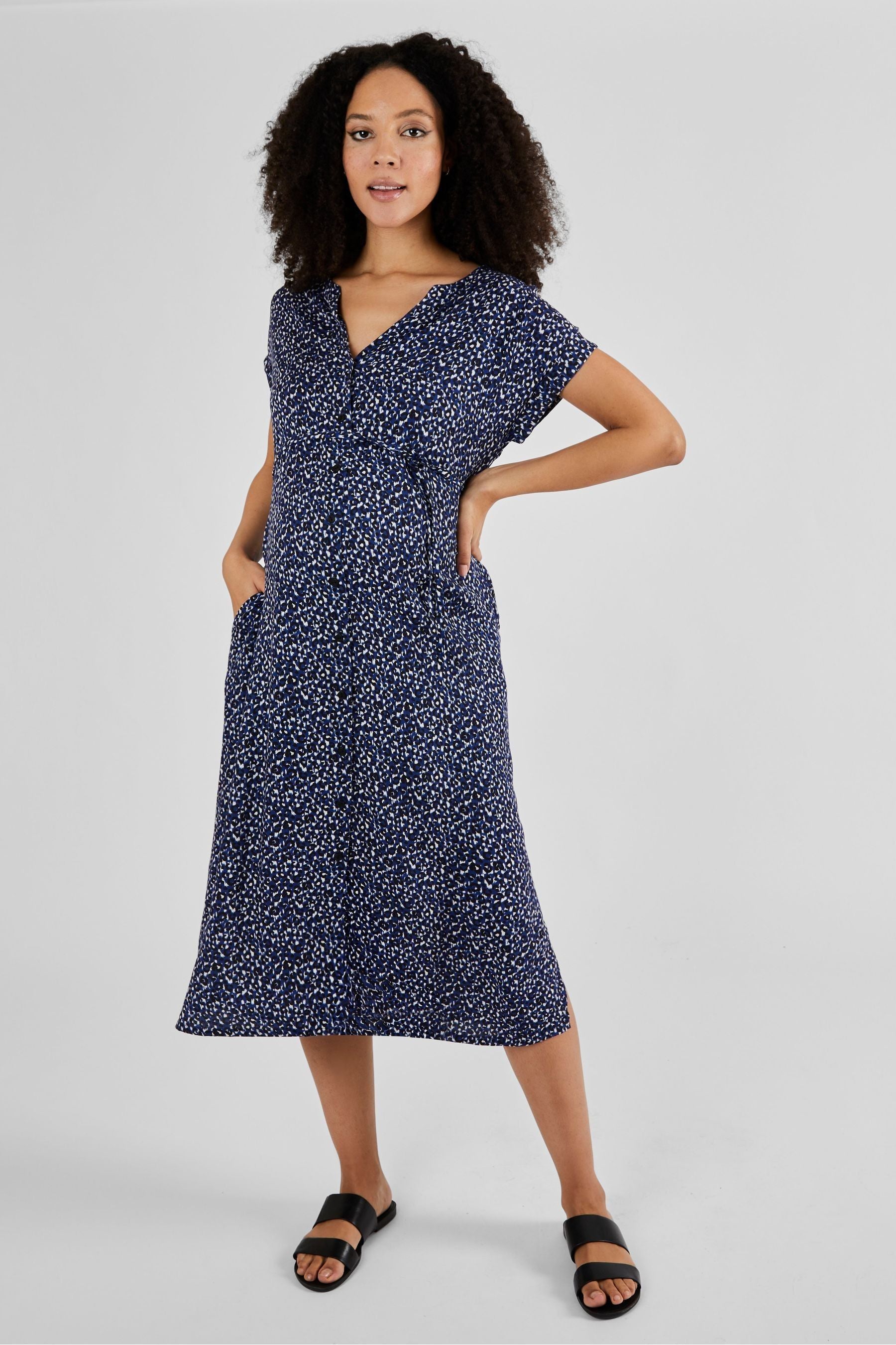 Navy Animal Print JoJo Maman Bébé Button Through Midi Dress