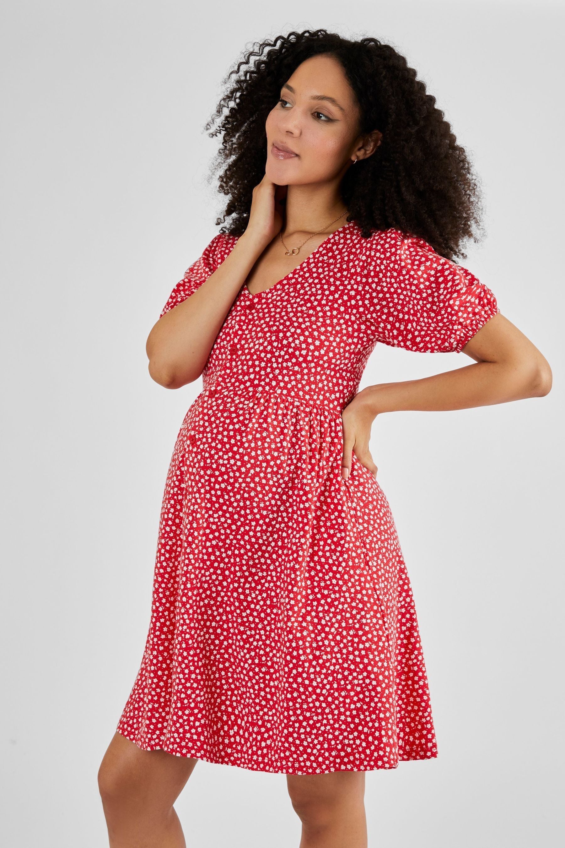 Red Ditsy JoJo Maman Bébé Floral V-Neck Maternity Dress