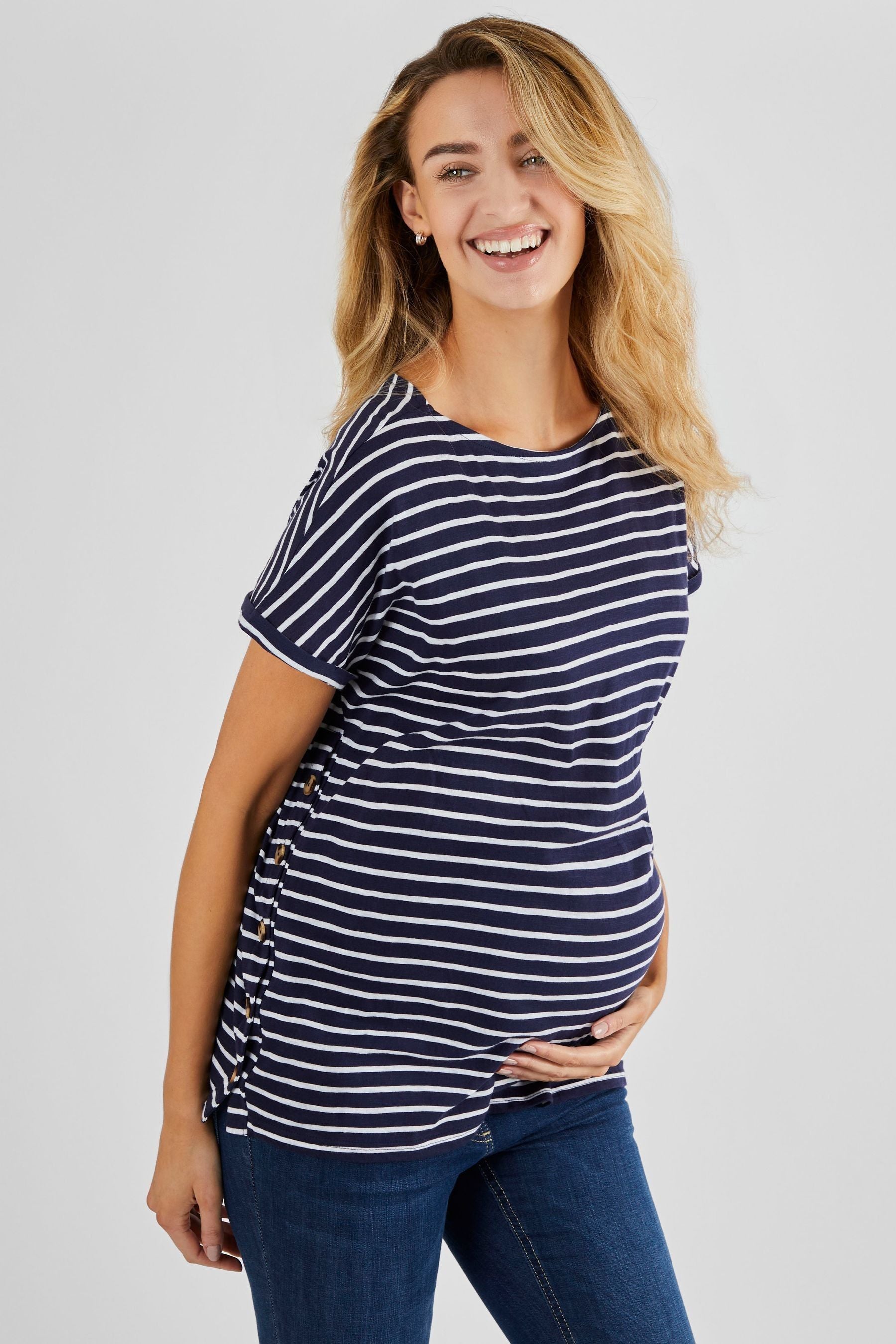 Navy Blue & White Stripe JoJo Maman Bébé Drop Shoulder Maternity & Nursing T-Shirt