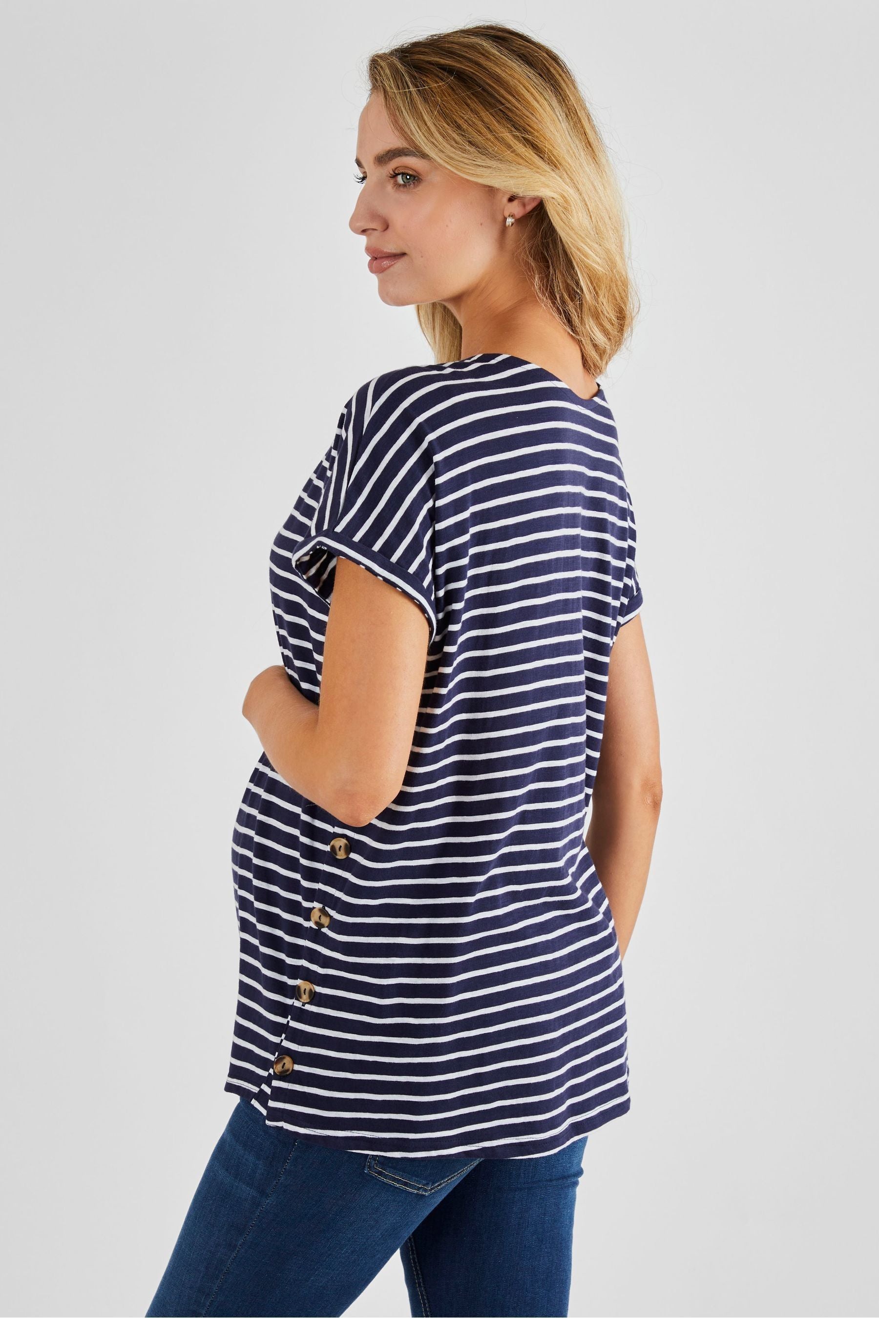 Navy Blue & White Stripe JoJo Maman Bébé Drop Shoulder Maternity & Nursing T-Shirt