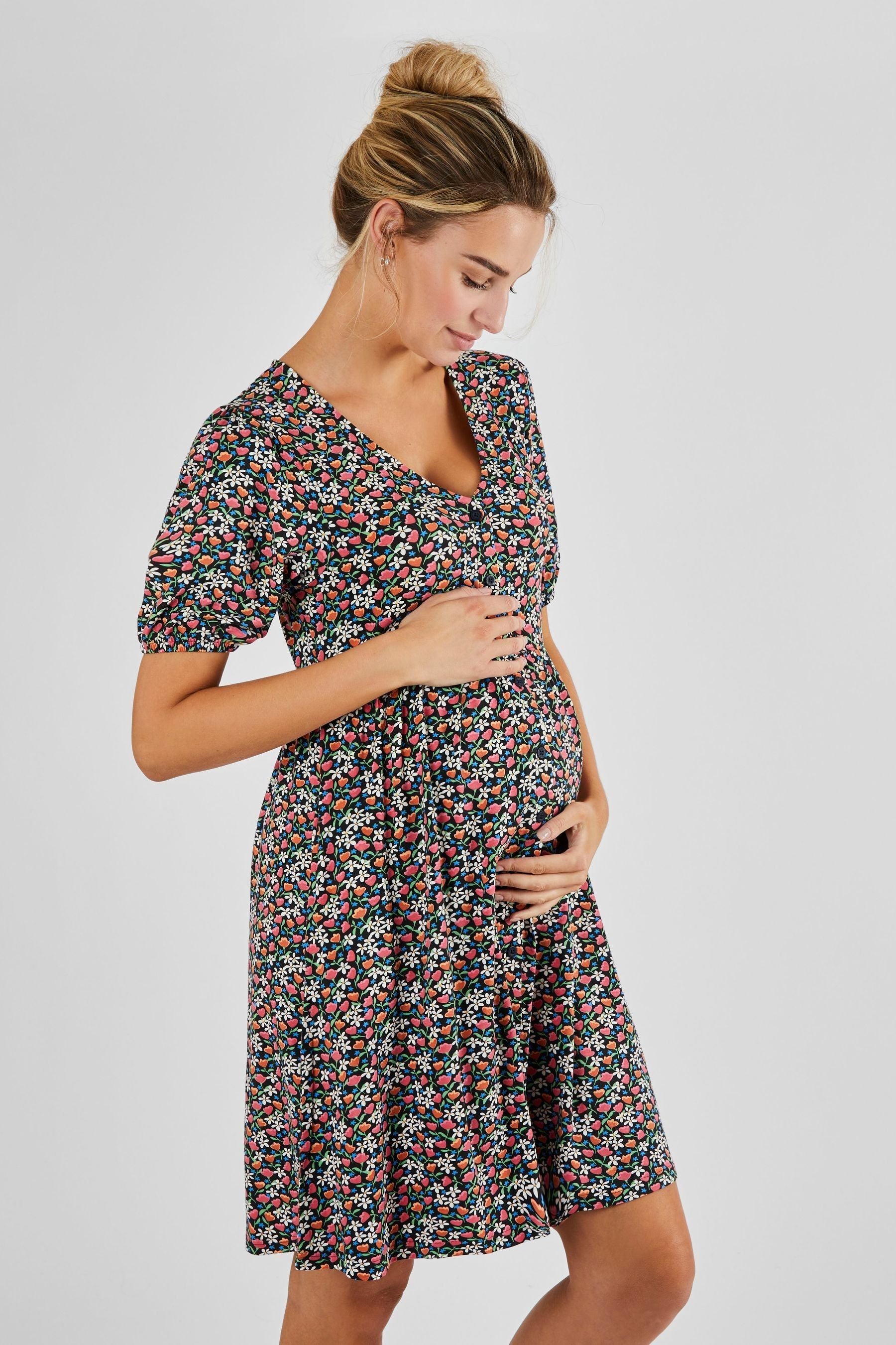 JoJo Maman Bébé Black Floral Floral Print V-Neck Maternity Dress