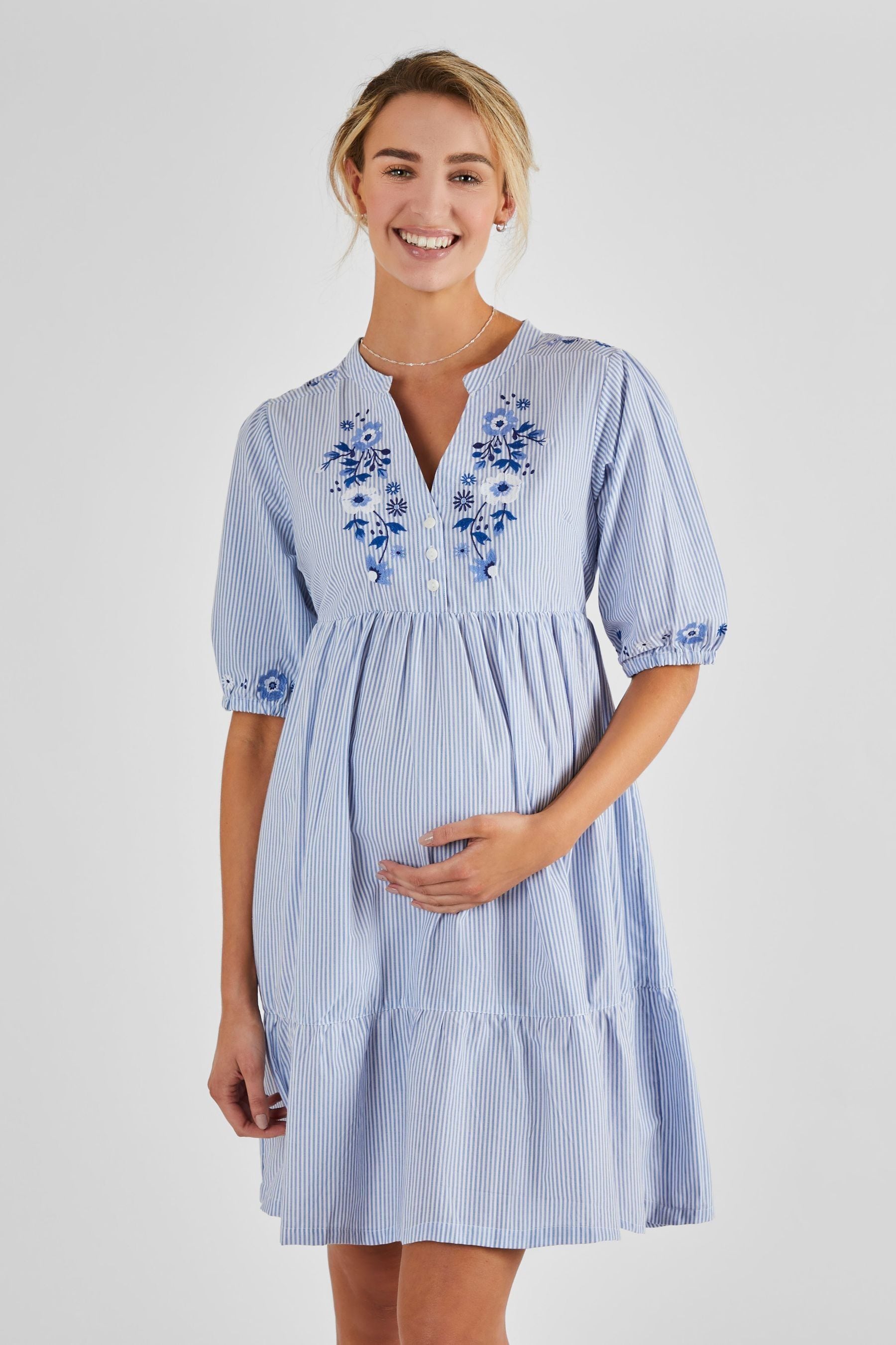 Blue JoJo Maman Bébé Tiered Embroidered Maternity Shirt Dress